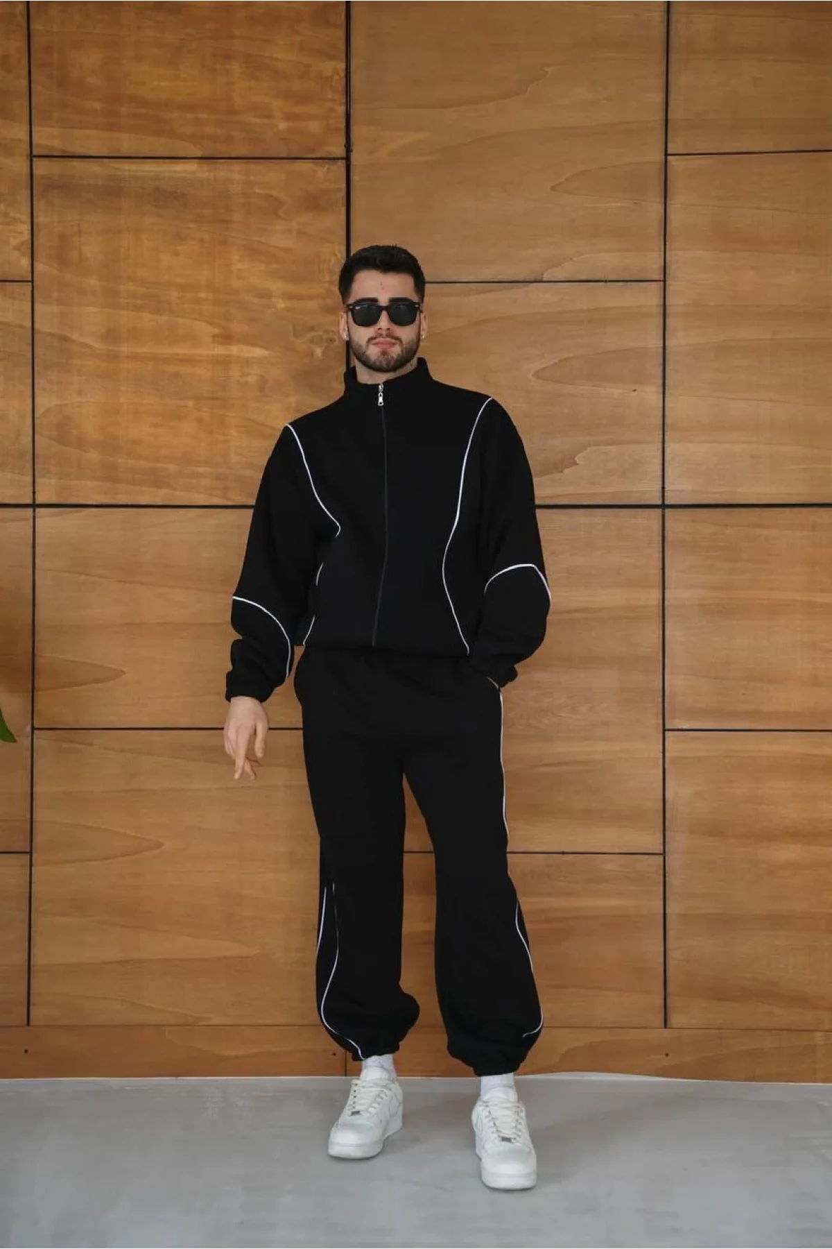 Erkek Premium Parçalı Eşofman Takım - Dik Yaka Fermuarlı Biyeli Sweatshirt Lastik Paça Alt, Oversize 3 iplik Şardonlu - Siyah