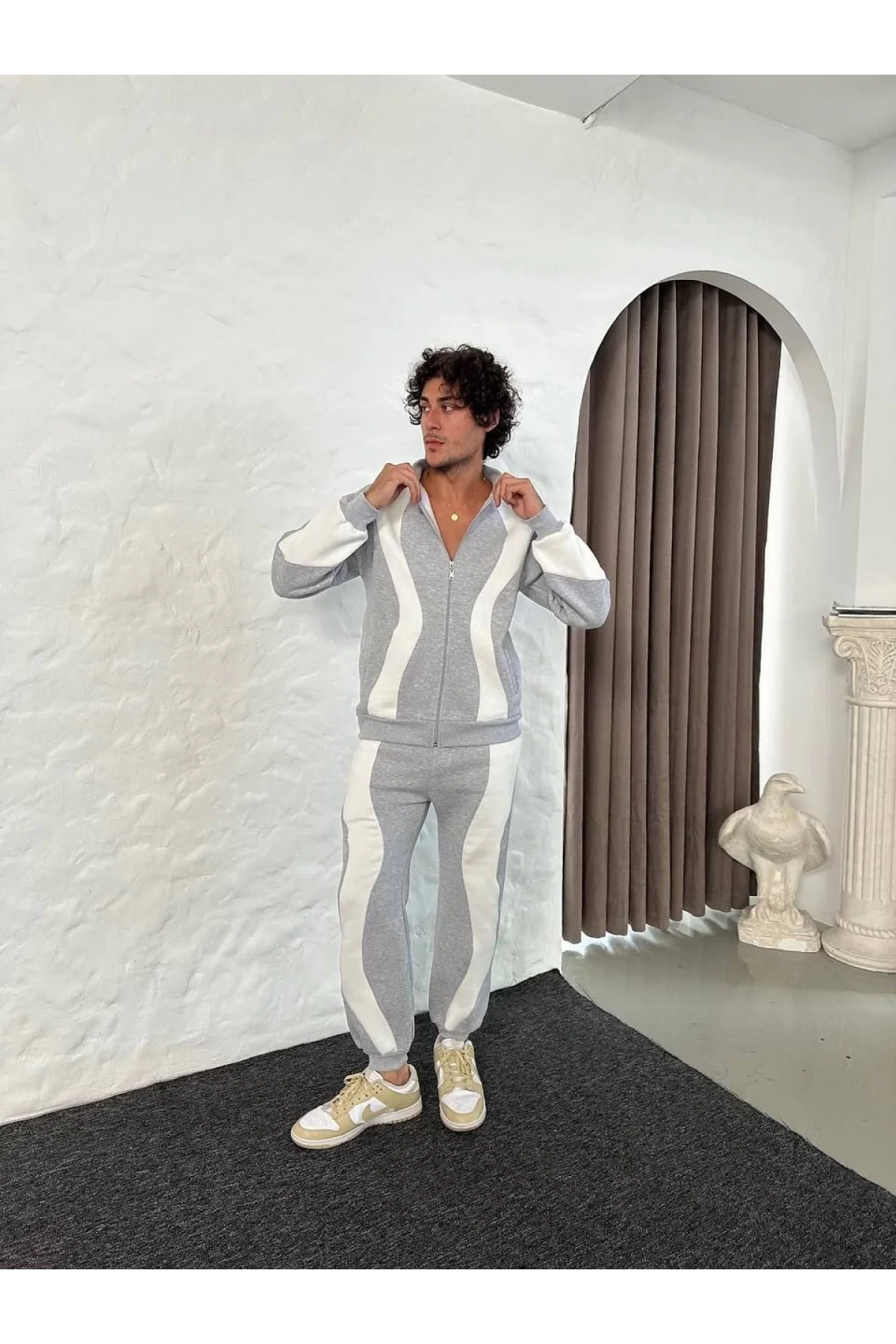 Erkek Premium Parçalı Eşofman Takım - Dik Yaka Fermuarlı Sweatshirt, - Gri