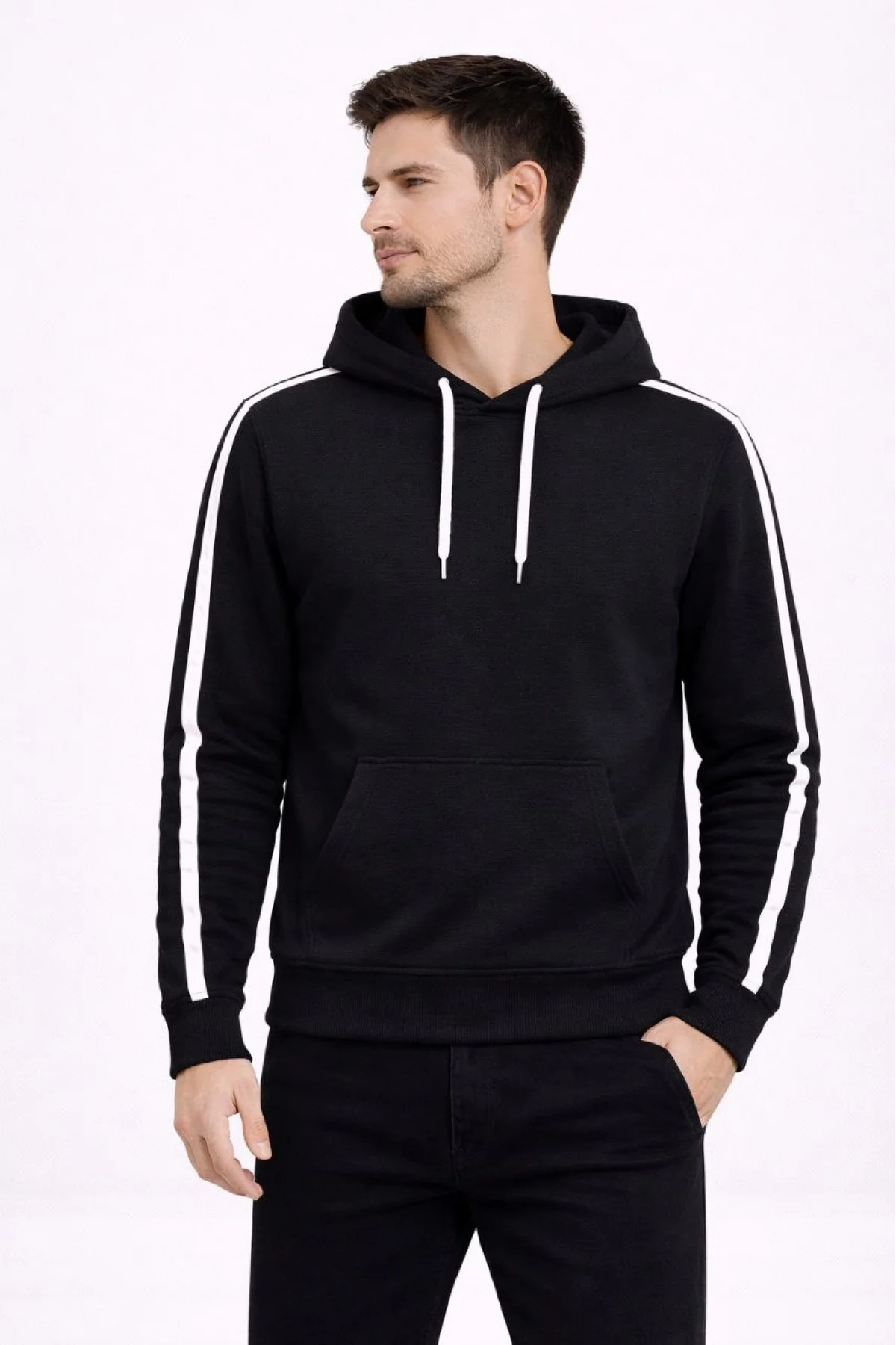 Erkek Şeritli Kapüşonlu Sweatshirt Oversize 3 iplik Pamuklu - Siyah