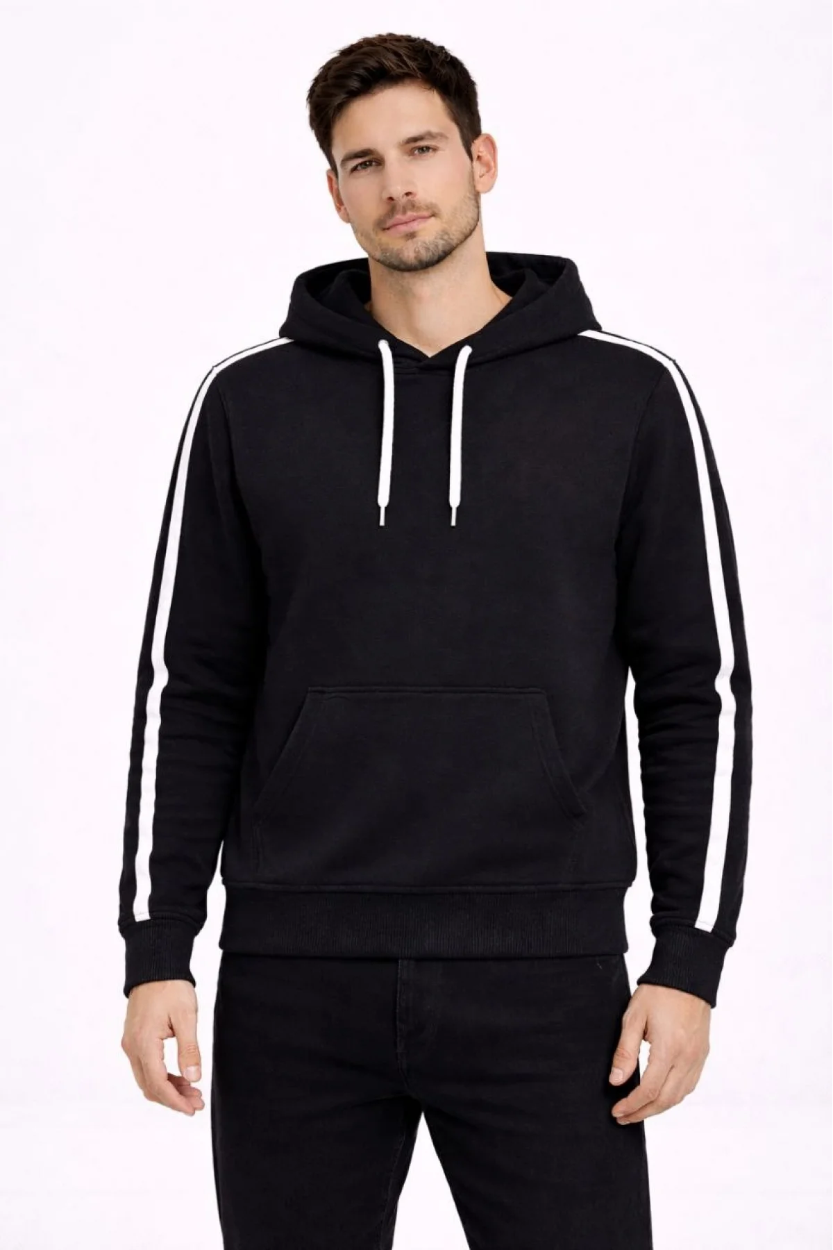 Erkek Şeritli Kapüşonlu Sweatshirt Oversize 3 iplik Pamuklu - Siyah