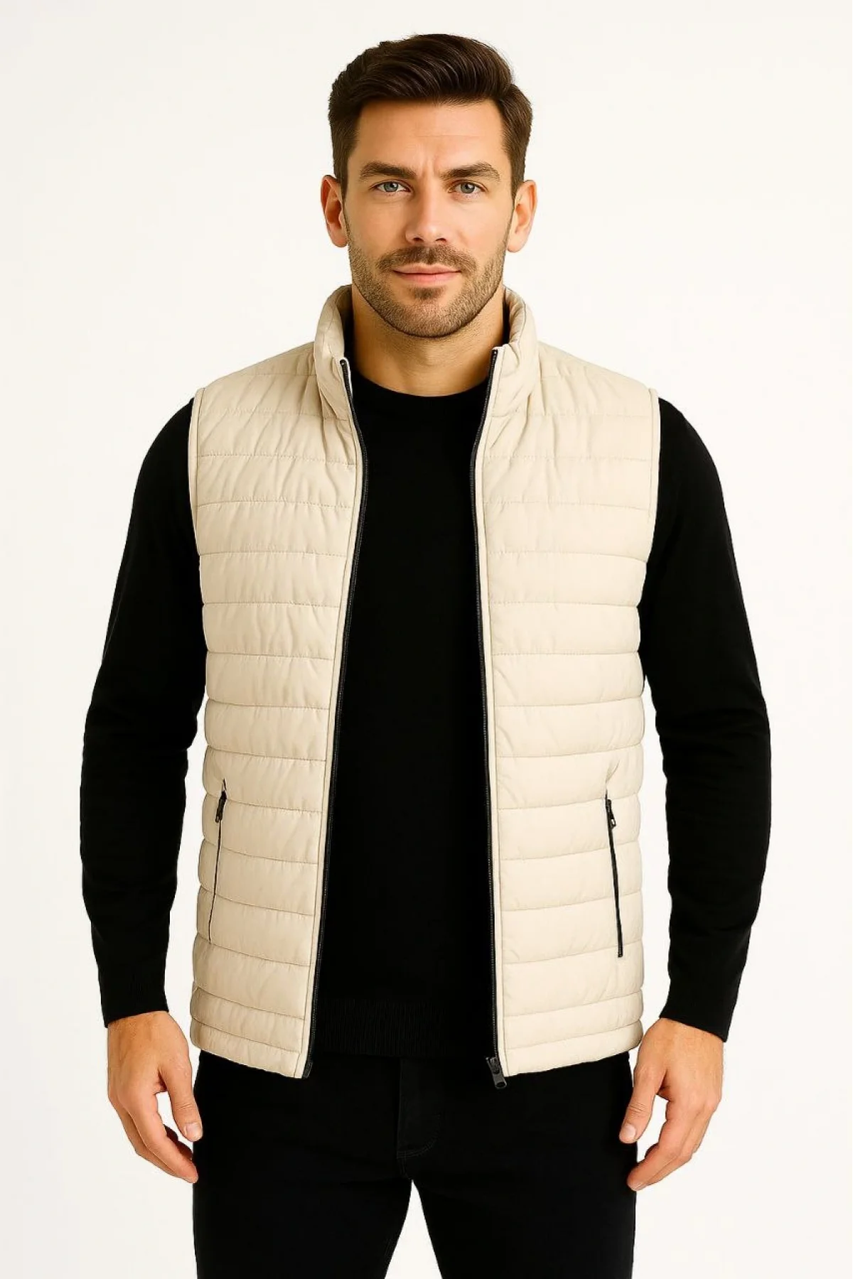 Erkek Şişme Fermuarlı Yelek Su itici Kapitone Astarlı Kumaş Cepli Hafif Kışlık Spor Rahat Kalıp -Bej