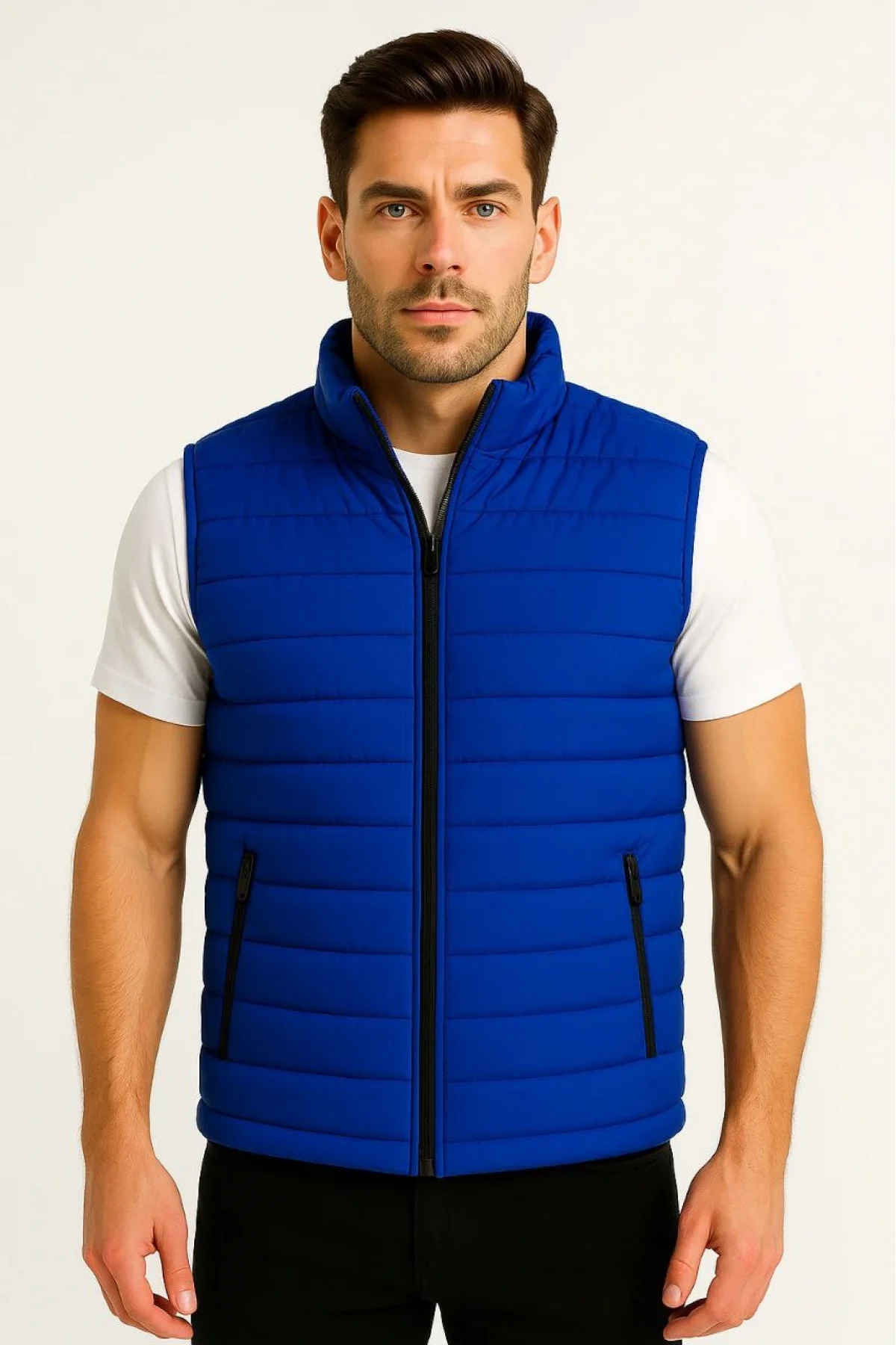 Erkek Şişme Fermuarlı Yelek Su itici Kapitone Astarlı Kumaş Cepli Hafif Kışlık Spor Rahat Kalıp - Saks Mavisi