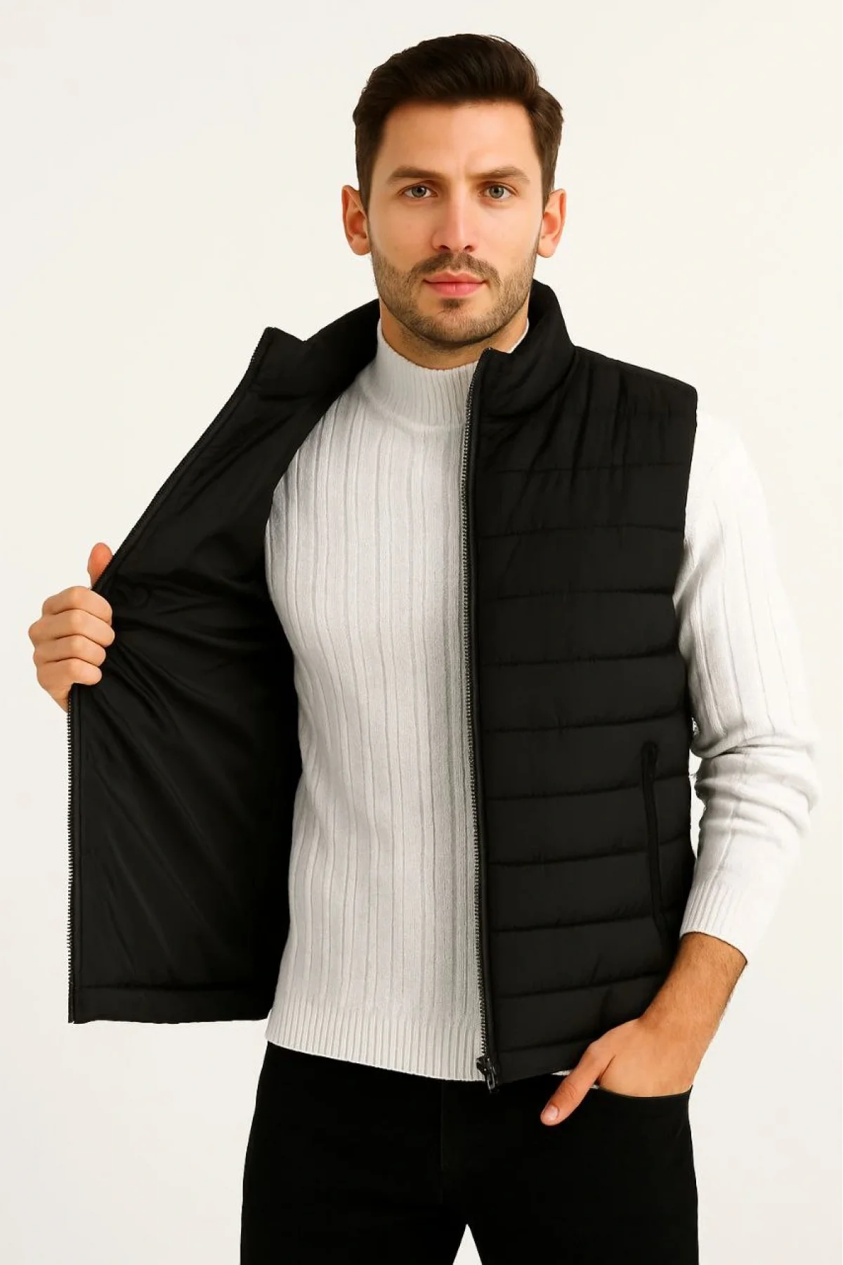 Erkek Şişme Fermuarlı Yelek Su itici Kapitone Astarlı Kumaş Cepli Hafif Kışlık Spor Rahat Kalıp - Siyah