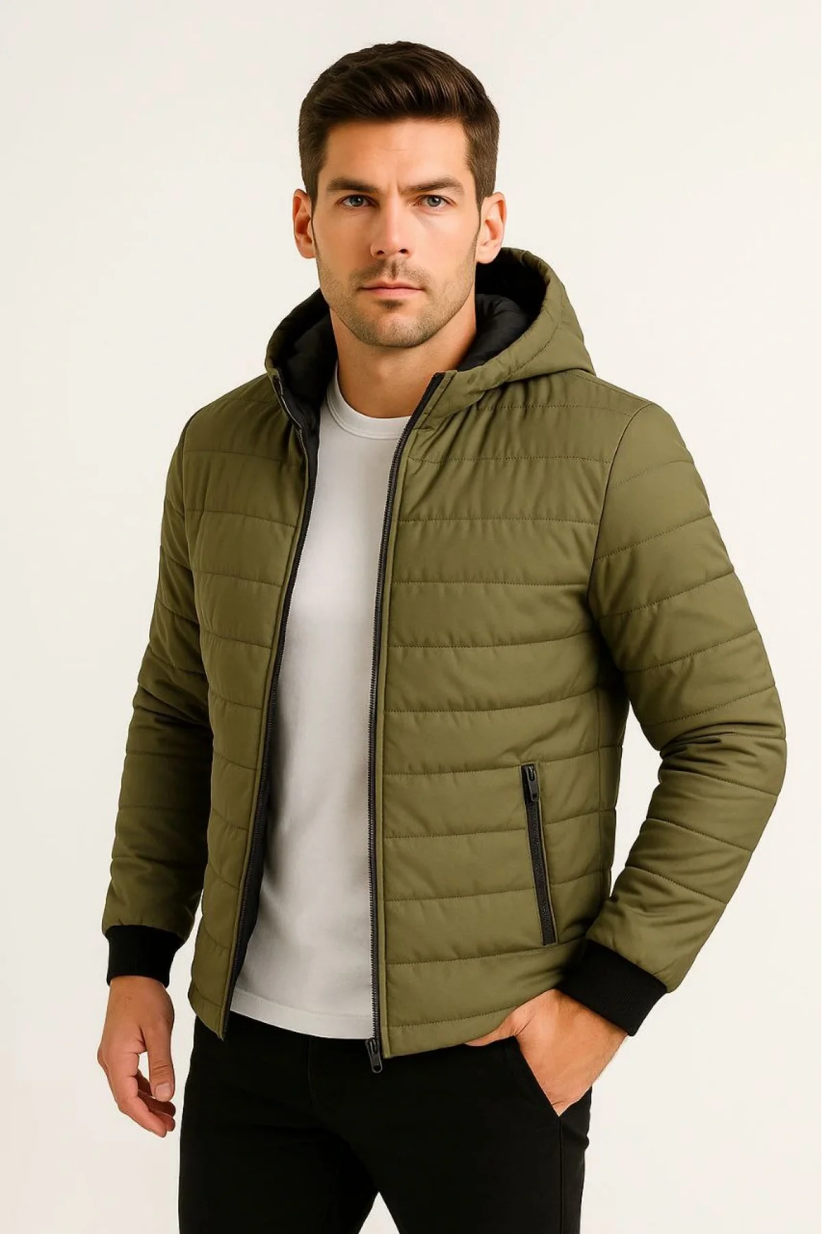 Erkek Şişme Kapüşonlu Fermuarlı Mont Su itici Kapitone Astarlı Kumaş Cepli Kışlık Rahat Kalıp - Haki