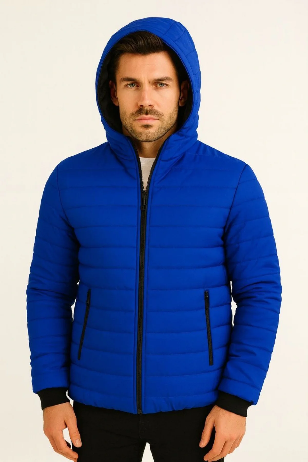 Erkek Şişme Kapüşonlu Fermuarlı Mont Su itici Kapitone Astarlı Kumaş Cepli Kışlık Rahat Kalıp - Saks Mavisi