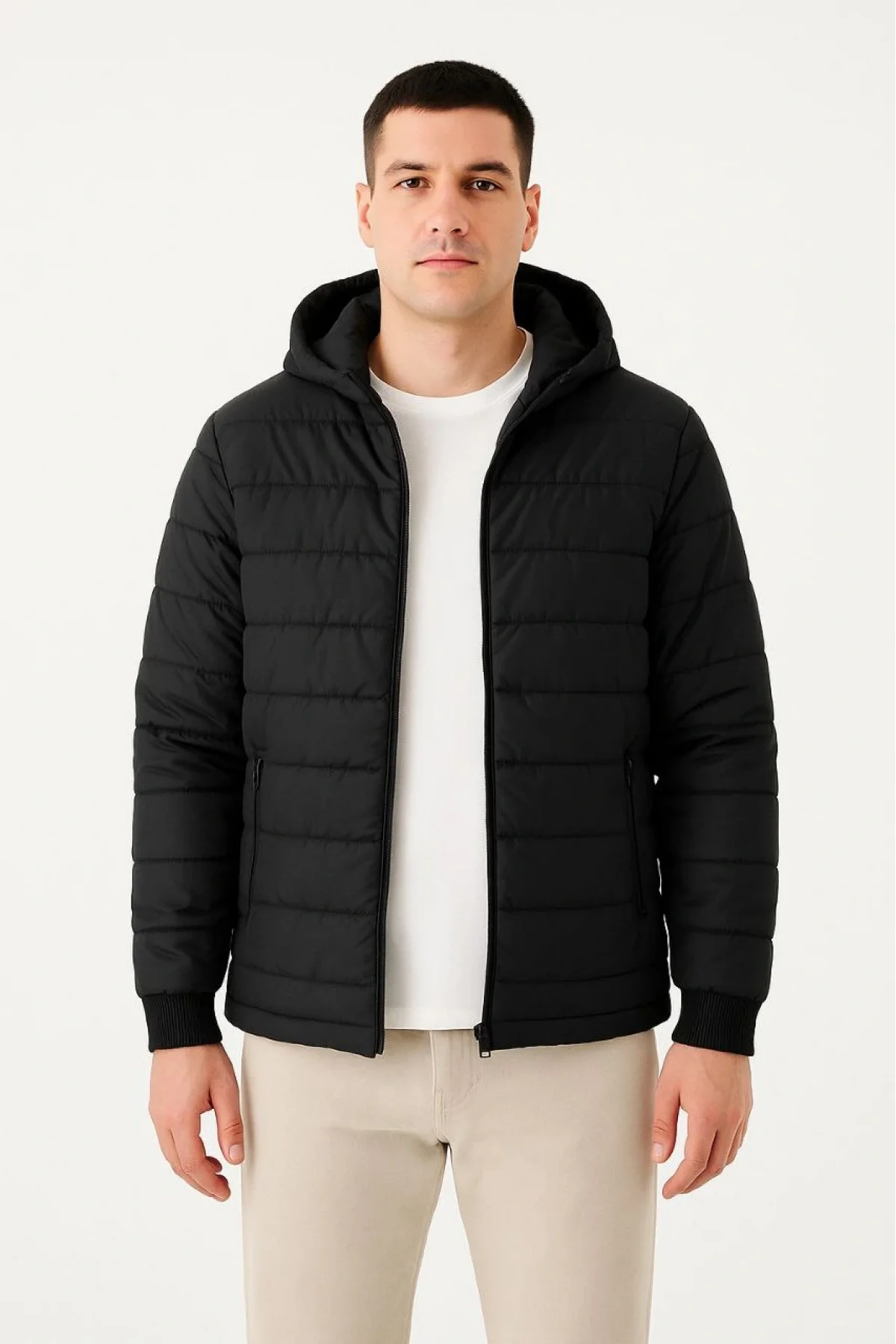 Erkek Şişme Kapüşonlu Fermuarlı Mont Su itici Kapitone Astarlı Kumaş Cepli Kışlık Rahat Kalıp - Siyah