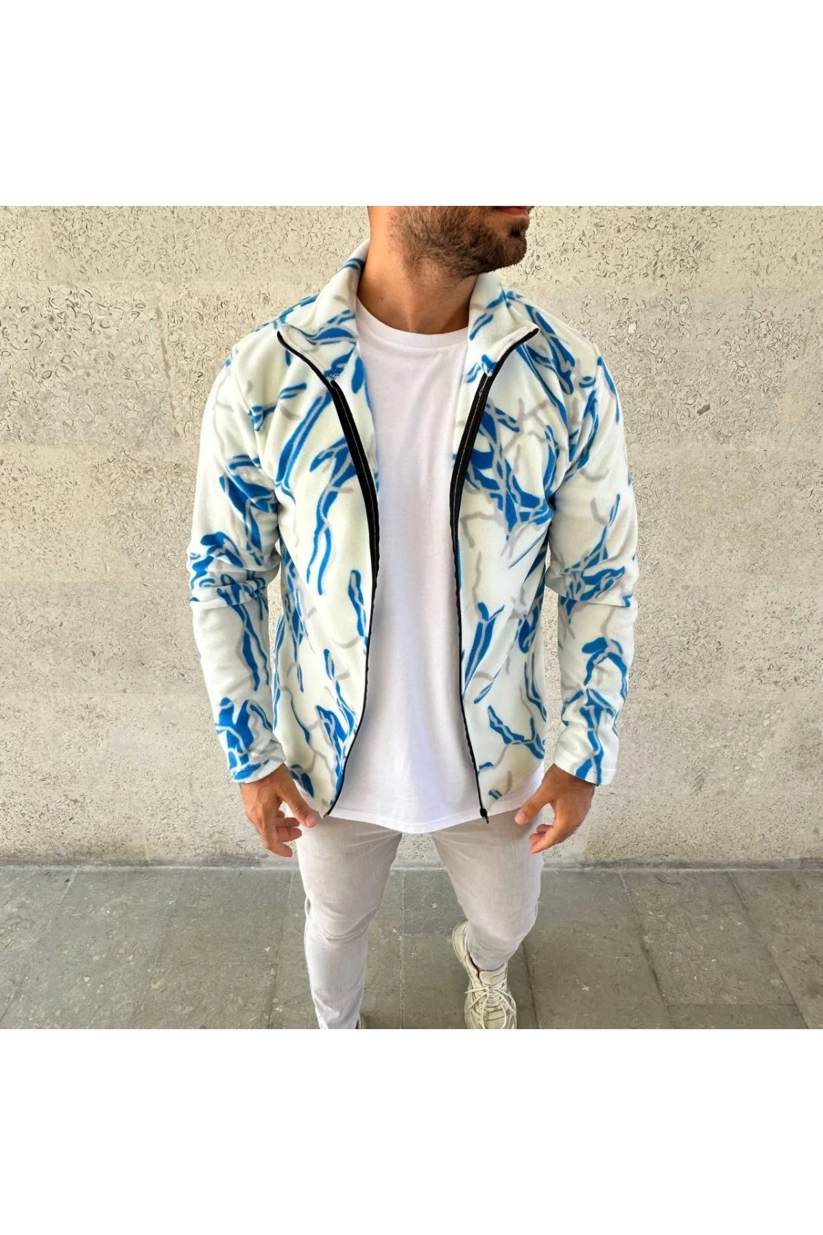 Erkek Tam Fermuarlı Desenli Polar Sweat Lightning Desen Yakalı, Uzun Kollu, Oversize Rahat Kalıp - Beyaz