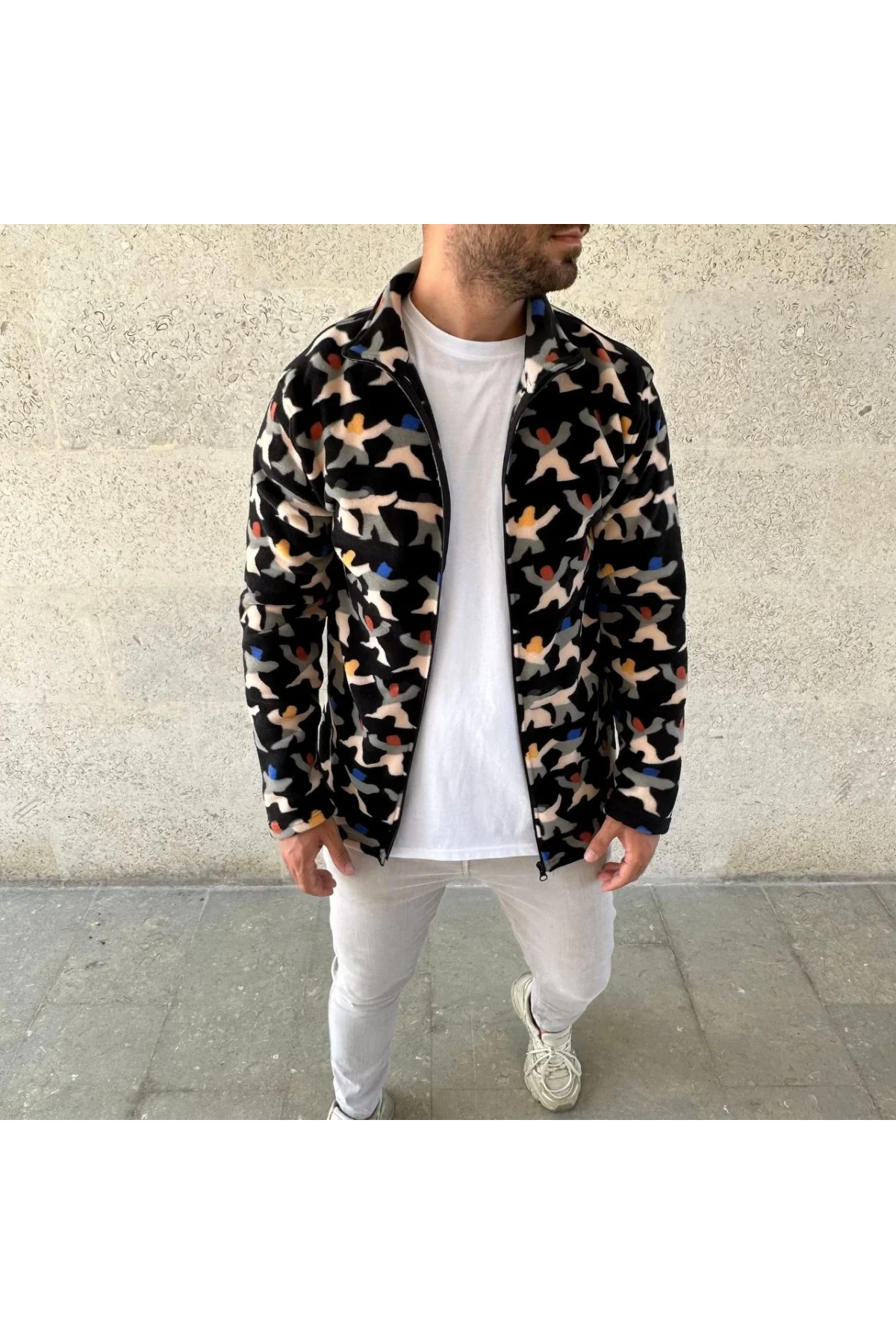 Erkek Tam Fermuarlı Desenli Polar Sweat – Siyah Multicolor Figür Desen Yakalı, Uzun Kollu, Oversize Rahat Kalıp- Siyah
