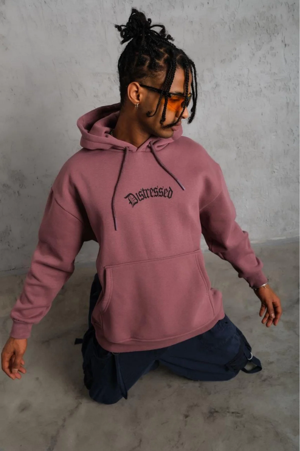 Erkek Üç İplik Baskılı Kapüşonlu Sweat - Gül Kurusu