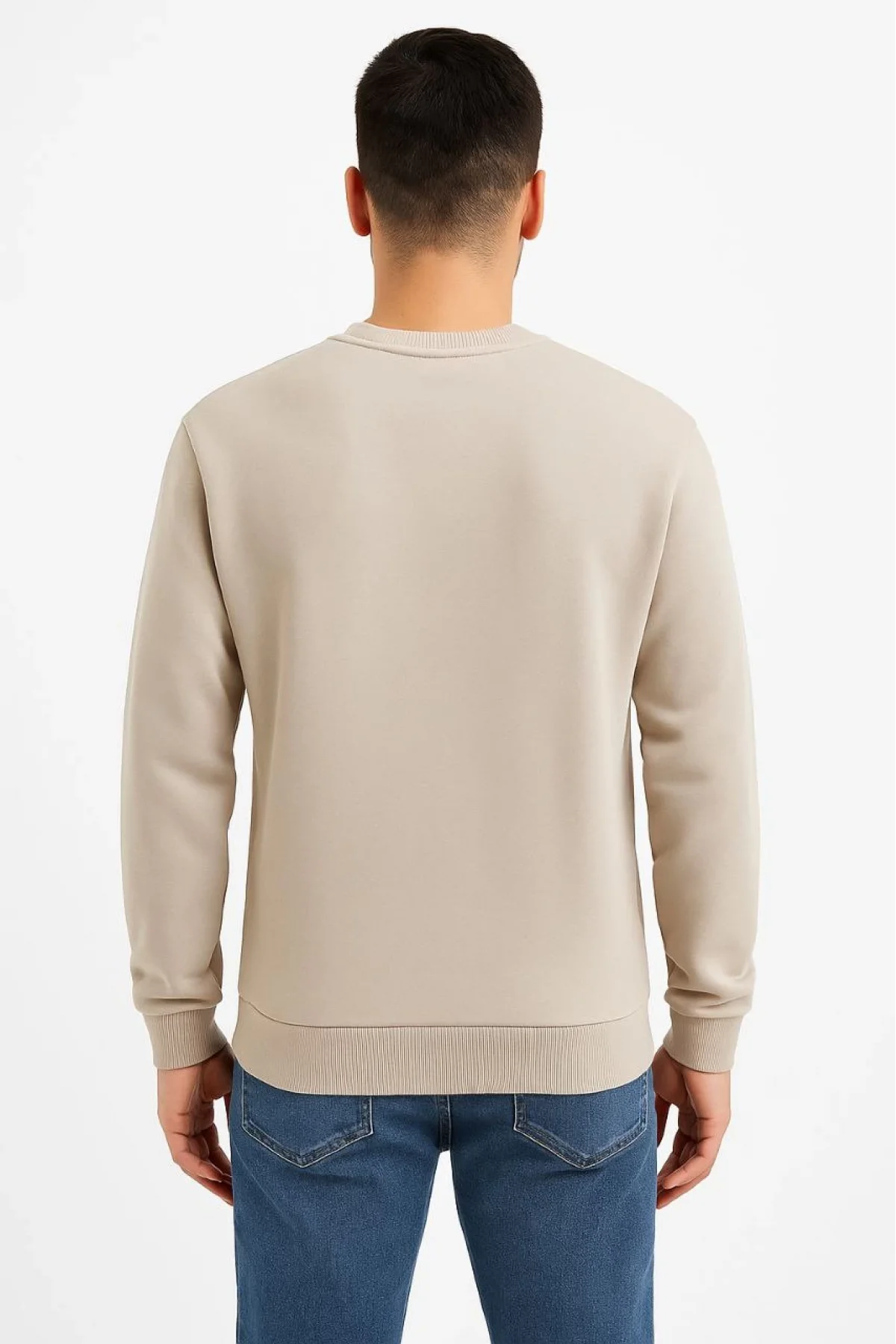 Erkek Üç İplik Düz Bisiklet Yaka SweatShirt - Bej