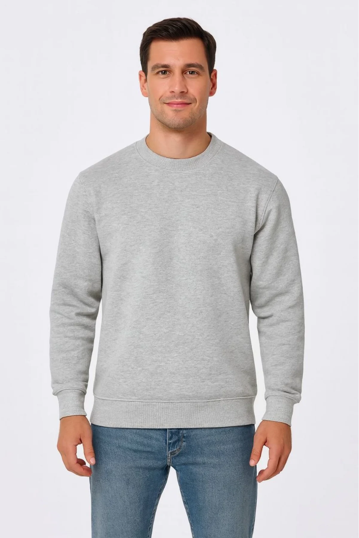 Erkek Üç İplik Düz Bisiklet Yaka SweatShirt - Gri