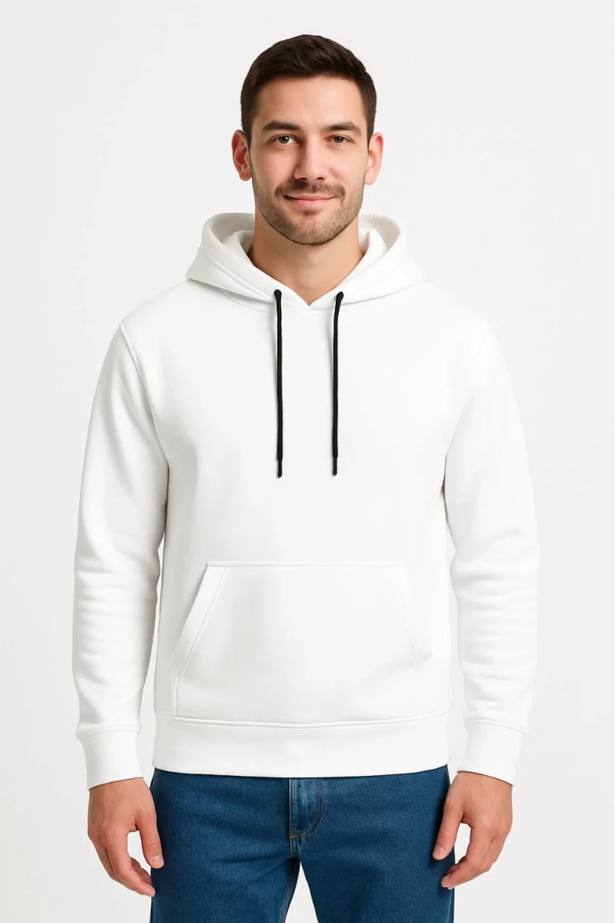 Erkek Üç İplik Kapüşonlu Kanguru Cepli SweatShirt hoodie - Beyaz