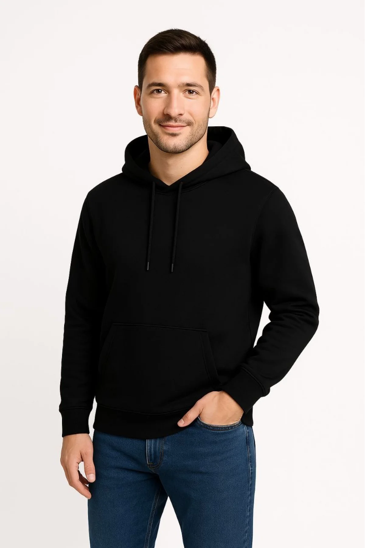 Erkek Üç İplik Kapüşonlu Kanguru Cepli SweatShirt hoodie - Siyah
