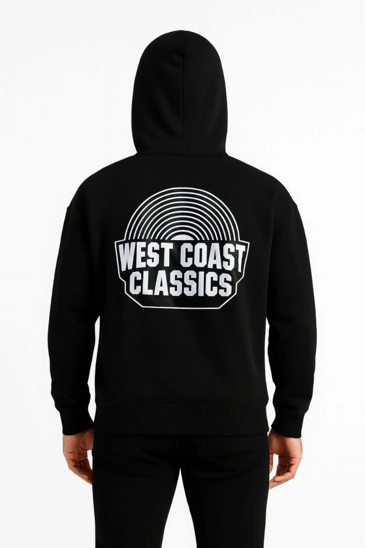 Erkek Kapşonlu Sweatshirt – Oversize Üç İplik Şardonlu Hoodie, “West Coast Classics” Ön & Arka Baskılı, Kanguru Cepli Kışlık Günlük Stil - Siyah