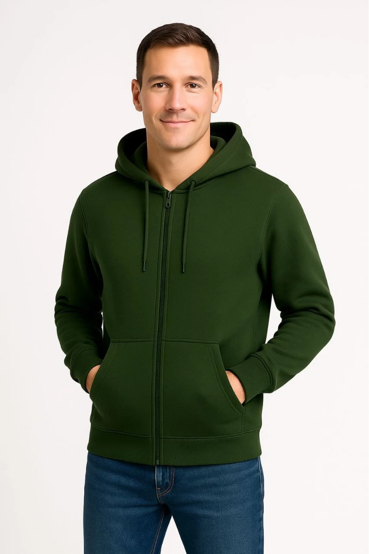 Erkek Üç İplik Kapüşonlu Tam Fermuarlı Kanguru Cepli Sweatshirt Hoodie - Haki