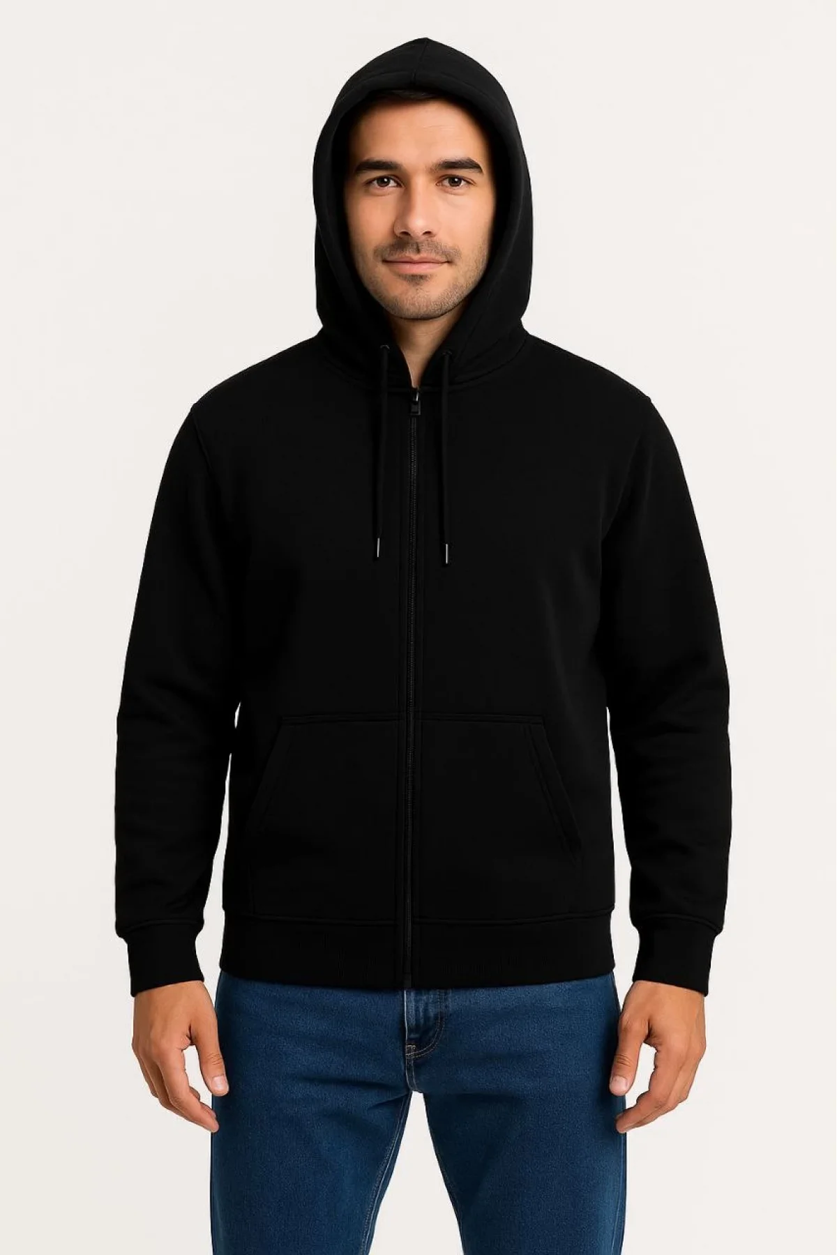Erkek Üç İplik Kapüşonlu Tam Fermuarlı Kanguru Çepli SweatShirt Hoodie - Siyah