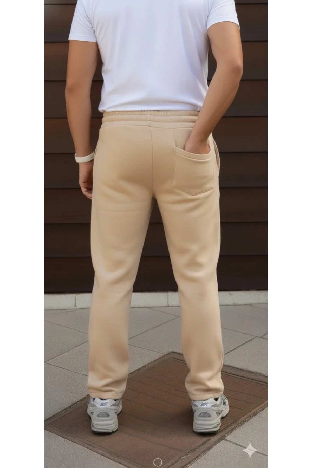 Erkek Üç iplik Kışlık Pamuklu Ovarsize Bağcıklı Düz Paça Cepli Eşofman Altı Spor Rahat Model - Bej