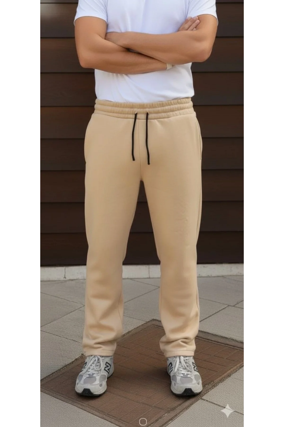 Erkek Üç iplik Kışlık Pamuklu Ovarsize Bağcıklı Düz Paça Cepli Eşofman Altı Spor Rahat Model - Bej