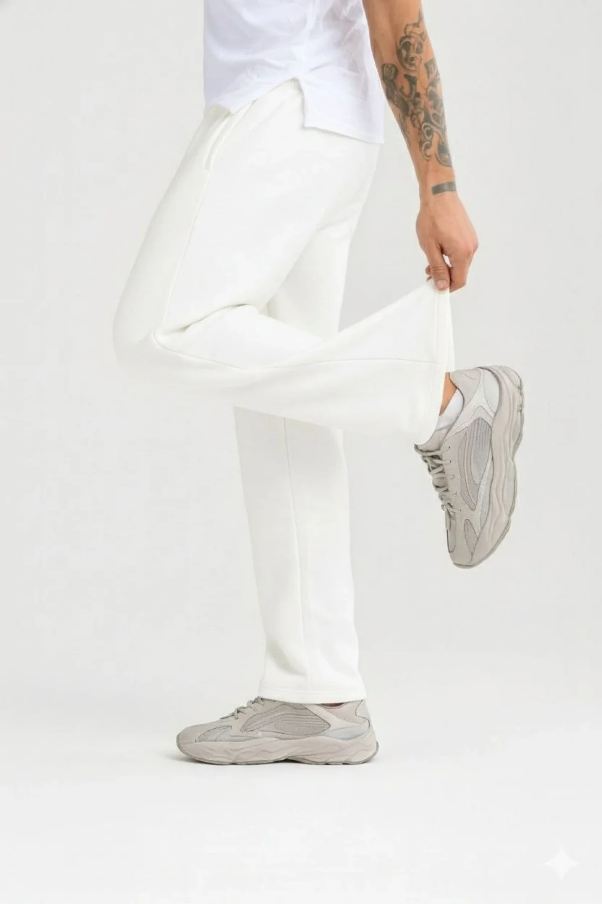 Erkek Üç iplik Kışlık Pamuklu Ovarsize Bağcıklı Düz Paça Cepli Eşofman Altı Spor Rahat Model - Beyaz