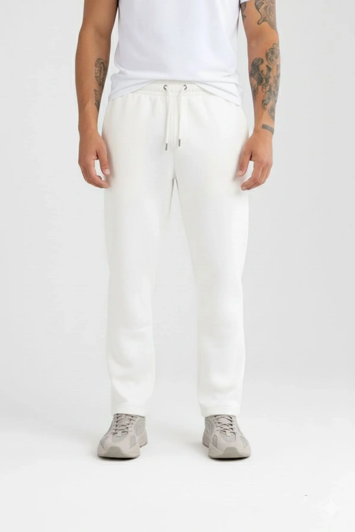 Erkek Üç iplik Kışlık Pamuklu Ovarsize Bağcıklı Düz Paça Cepli Eşofman Altı Spor Rahat Model - Beyaz