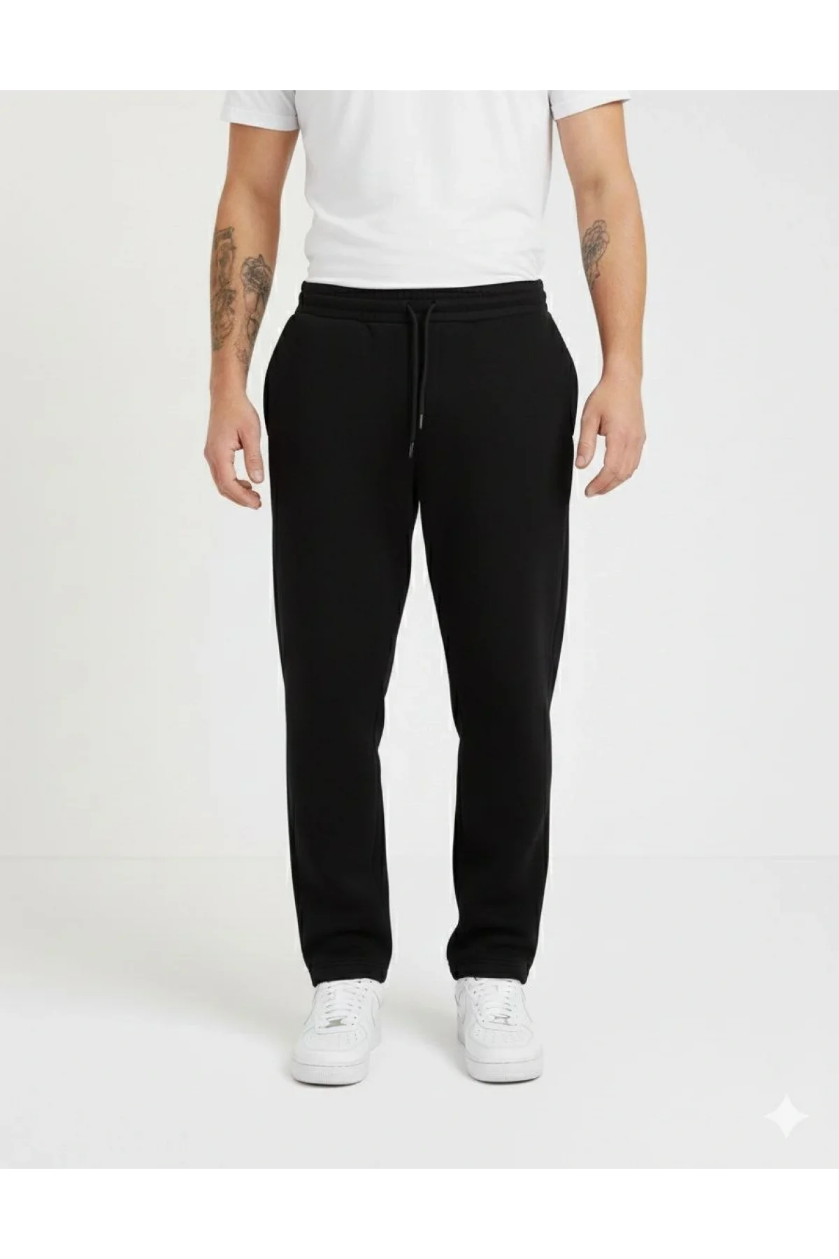 Erkek Üç iplik Kışlık Pamuklu Ovarsize Bağcıklı Düz Paça Cepli Eşofman Altı Spor Rahat Model - Siyah