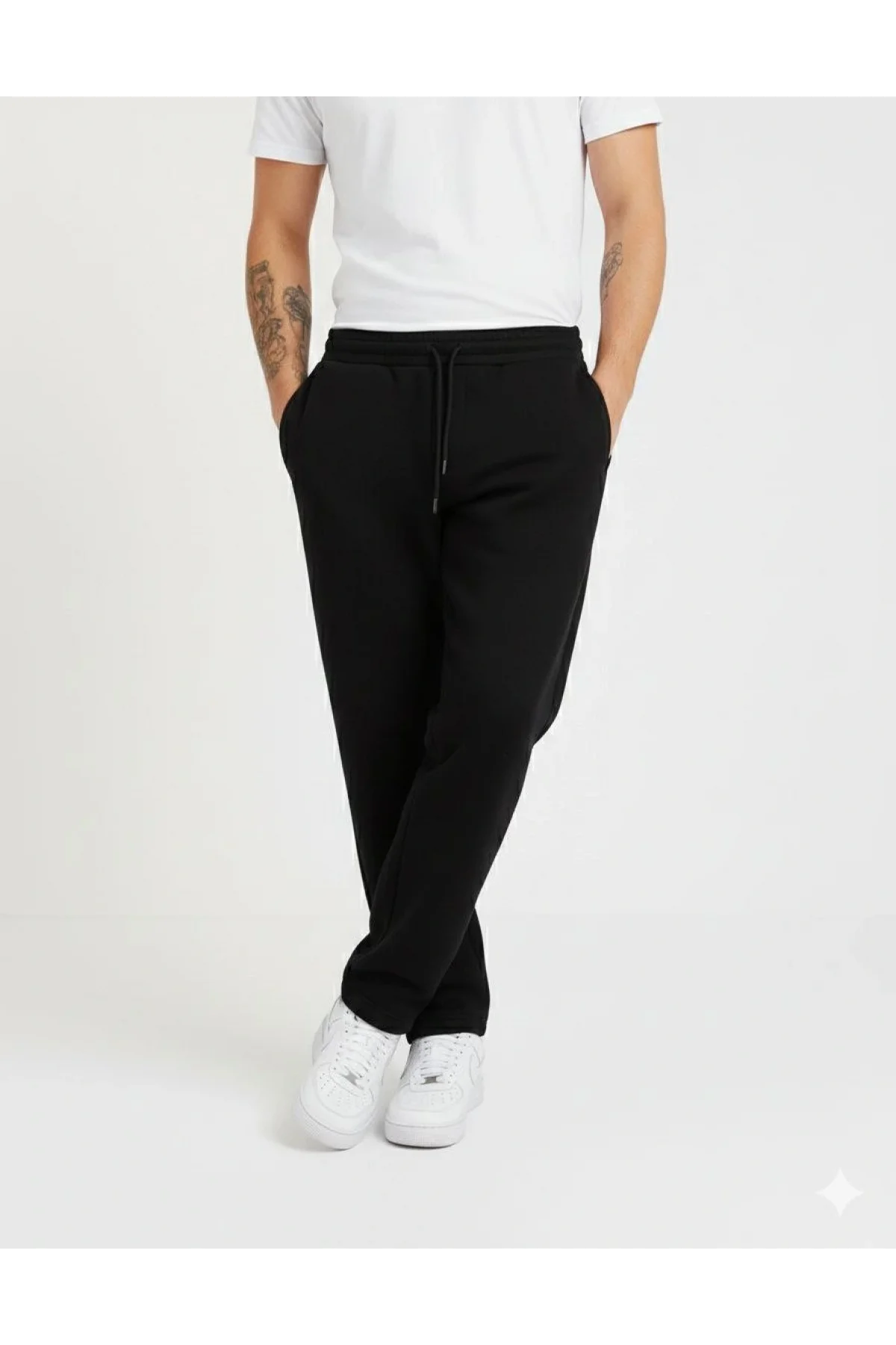 Erkek Üç iplik Kışlık Pamuklu Ovarsize Bağcıklı Düz Paça Cepli Eşofman Altı Spor Rahat Model - Siyah