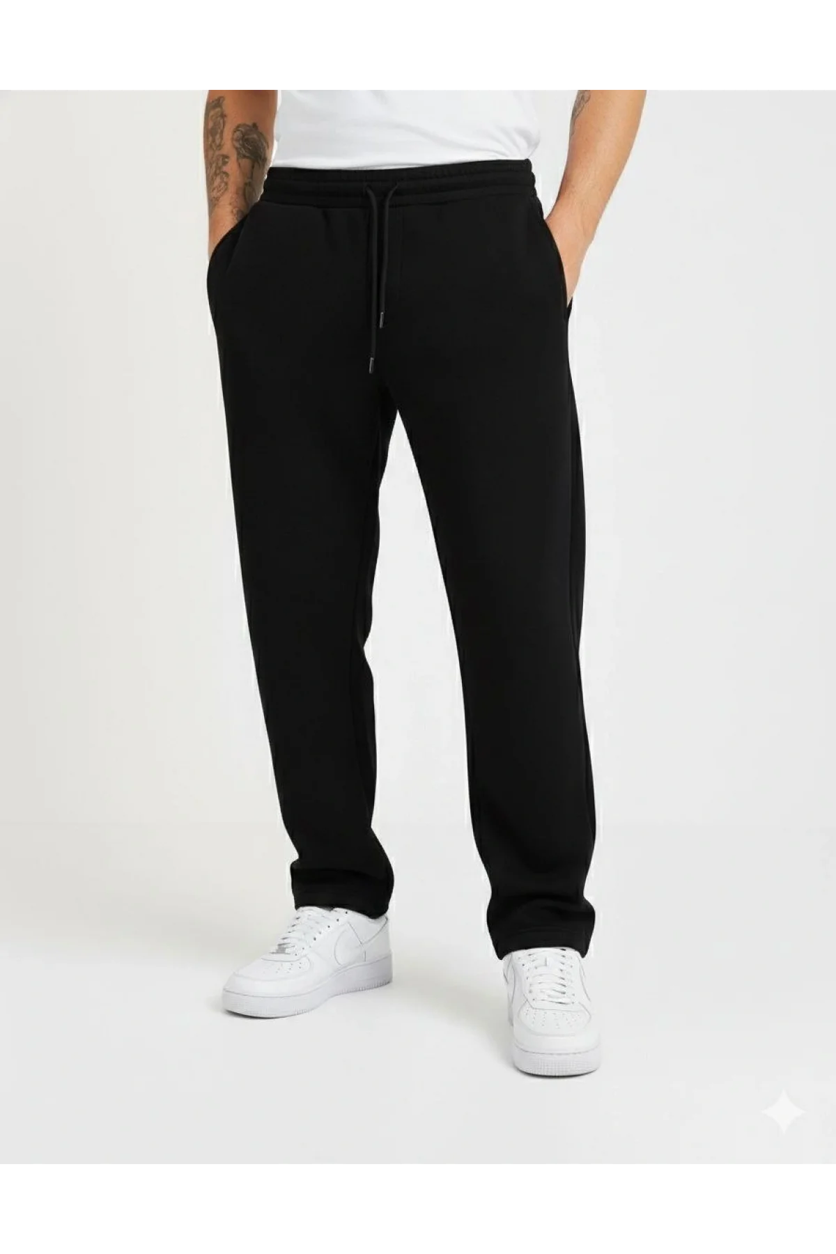 Erkek Üç iplik Kışlık Pamuklu Ovarsize Bağcıklı Düz Paça Cepli Eşofman Altı Spor Rahat Model - Siyah