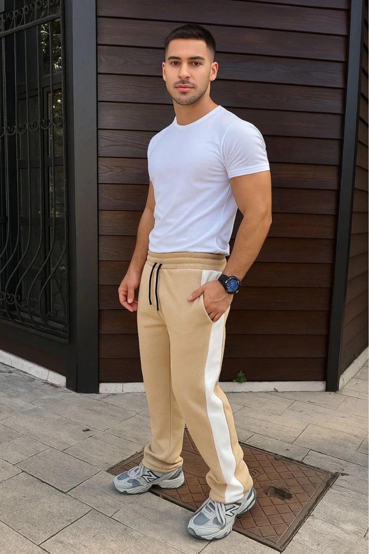 Erkek Üç İplik Kışlık Pamuklu Yandan Garneli Kalın Şeritli Cepli Eşofman Altı - Bej