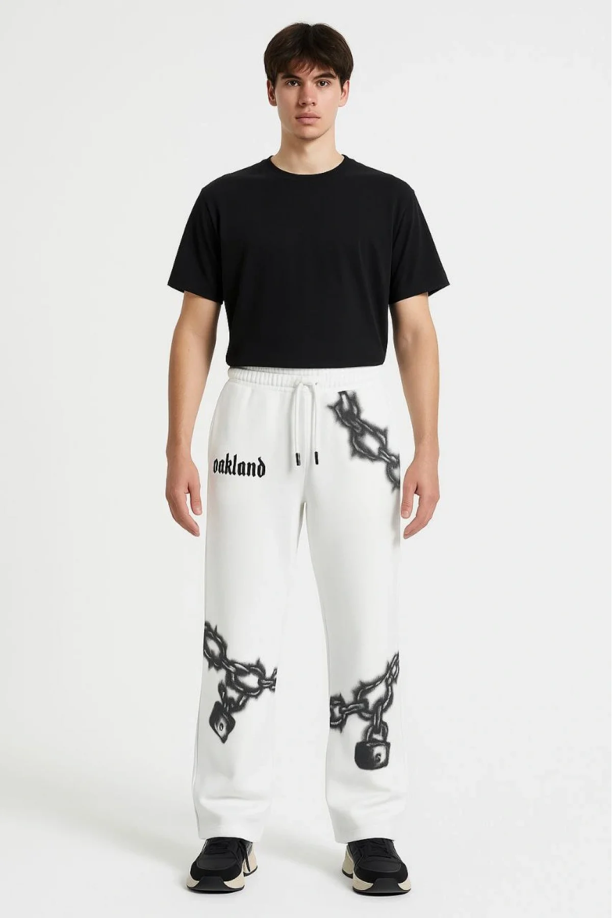 Erkek Üç İplik Pamuklu Baskılı Cepli Jogger Buggy Pantalon Oversize Kalıp - Beyaz