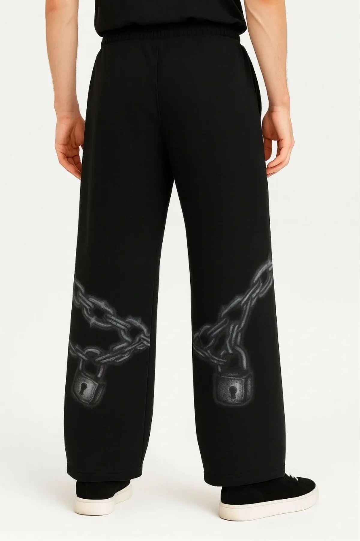 Erkek Üç İplik Pamuklu Baskılı Cepli Jogger Buggy Pantalon Oversize Kalıp - Siyah