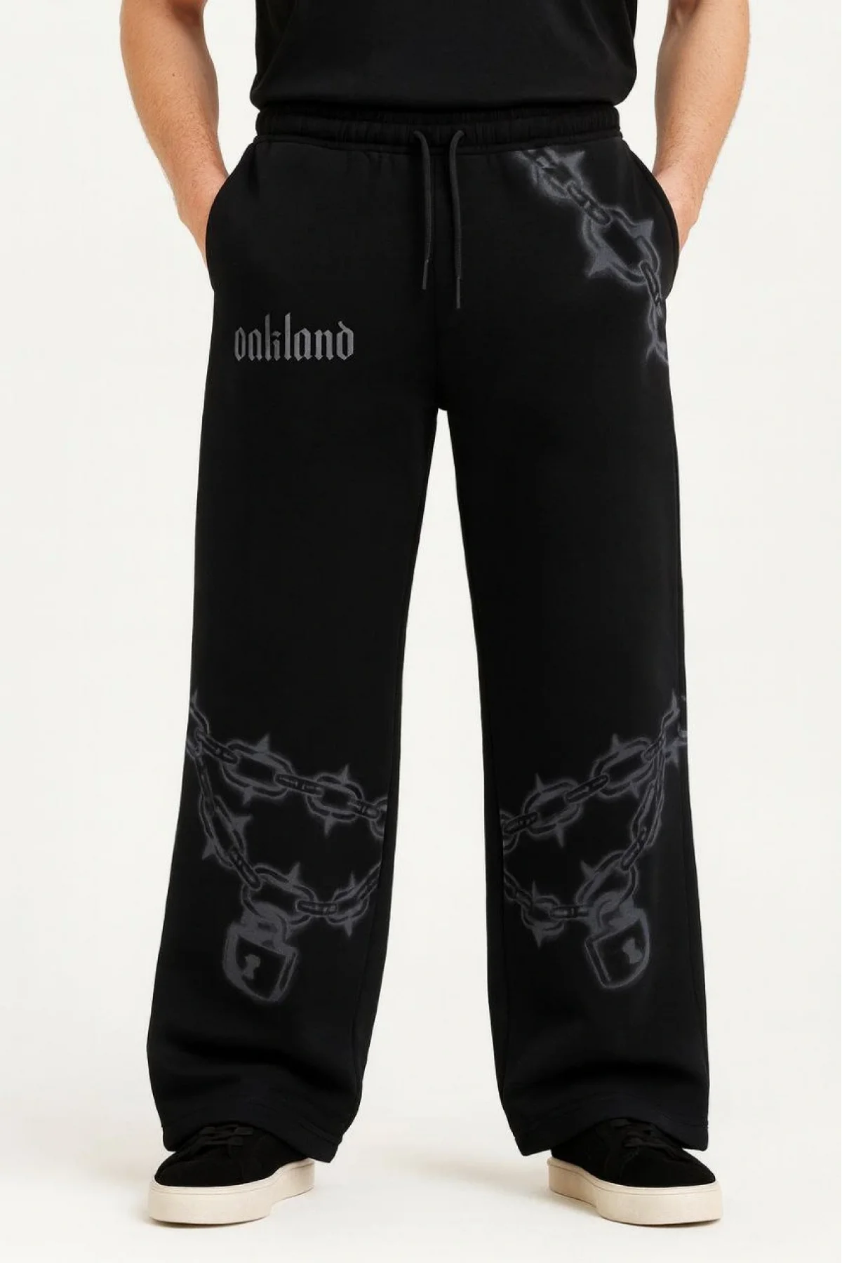 Erkek Üç İplik Pamuklu Baskılı Cepli Jogger Buggy Pantalon Oversize Kalıp - Siyah