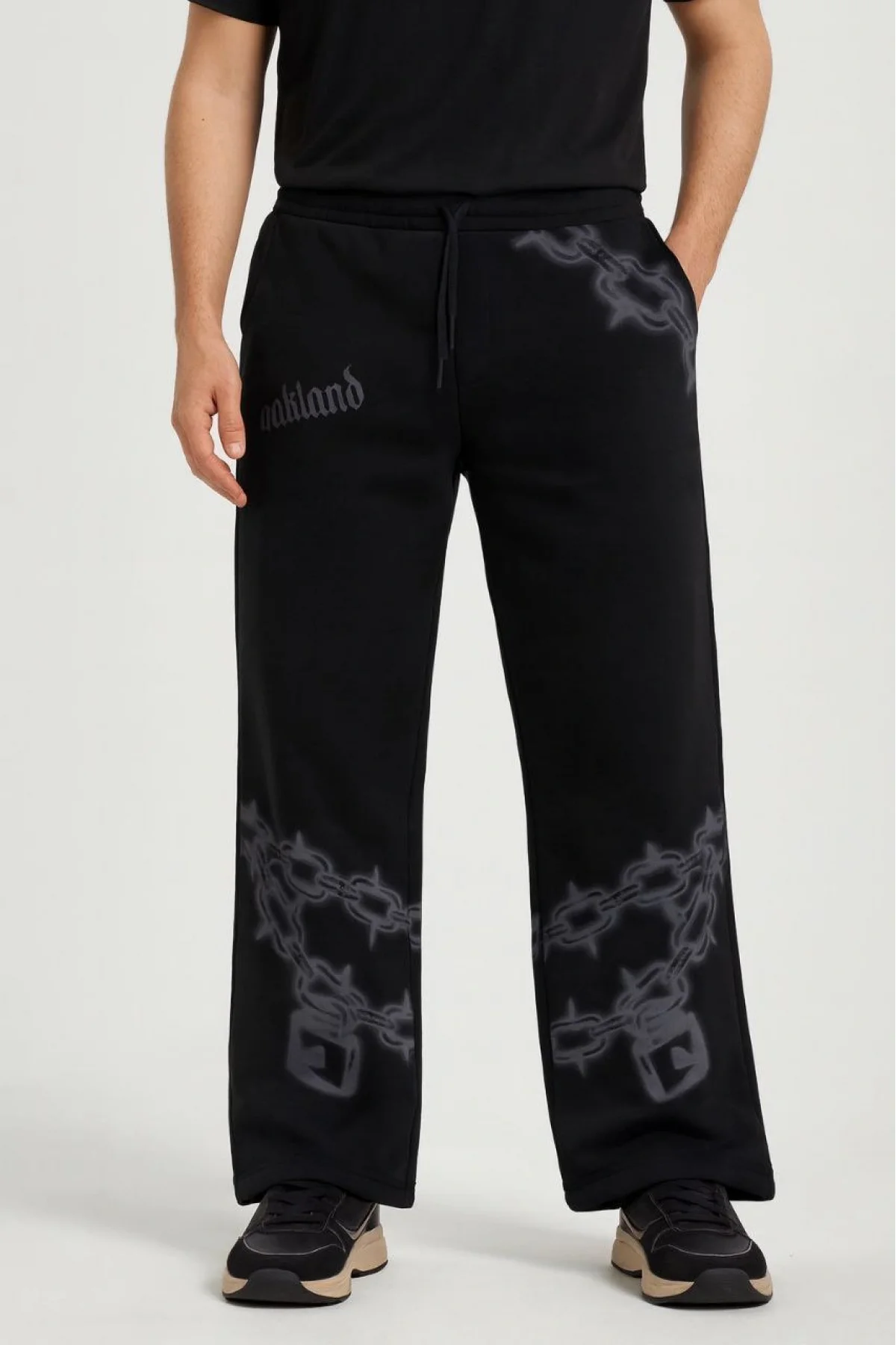 Erkek Üç İplik Pamuklu Baskılı Cepli Jogger Buggy Pantalon Oversize Kalıp - Siyah