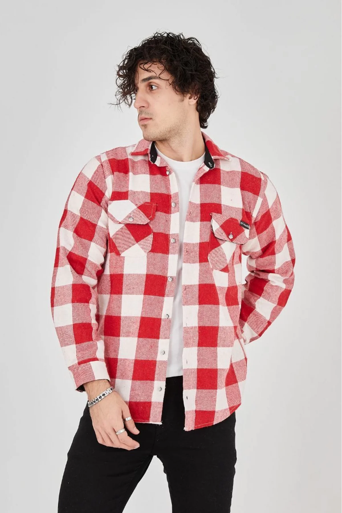 Erkek Oduncu Gömlek – Uzun Kollu, Şardonlu Kumaş, Kareli Desen, Regular Fit, Manşetli, Çift Cepli, Rahat Günlük Bahar & Kış Stil - Kırmızı