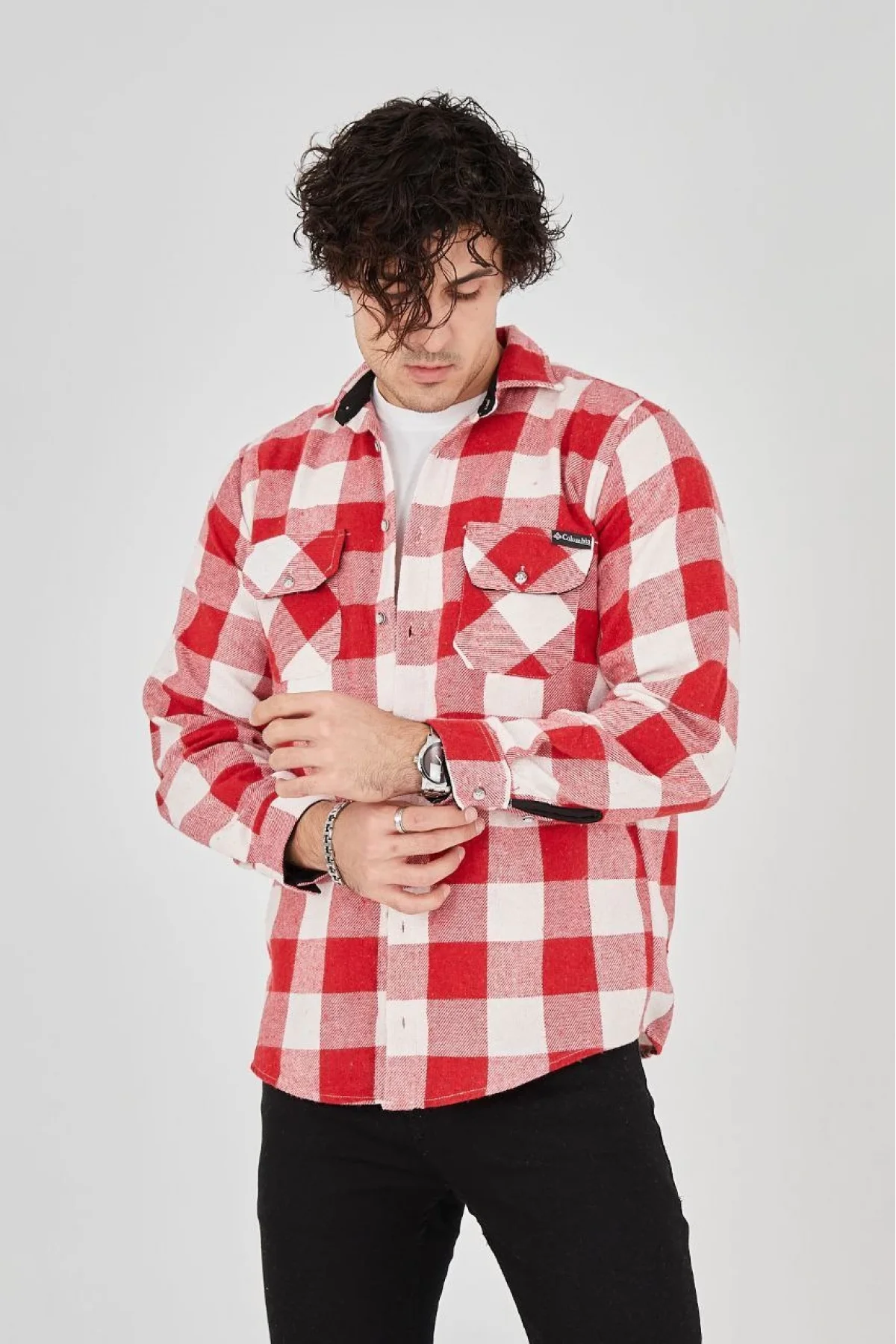 Erkek Oduncu Gömlek – Uzun Kollu, Şardonlu Kumaş, Kareli Desen, Regular Fit, Manşetli, Çift Cepli, Rahat Günlük Bahar & Kış Stil - Kırmızı