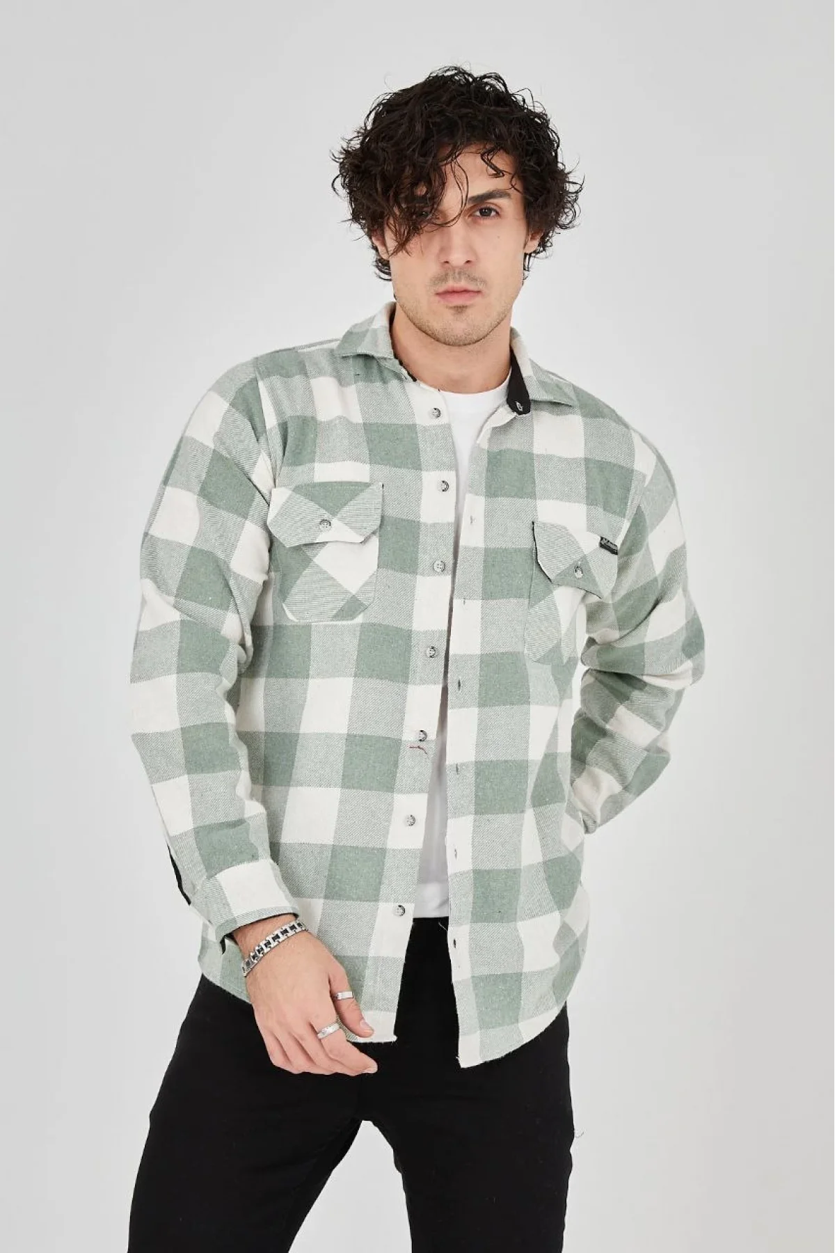 Erkek Uzun Kollu Oduncu Gömlek - Mint yeşili