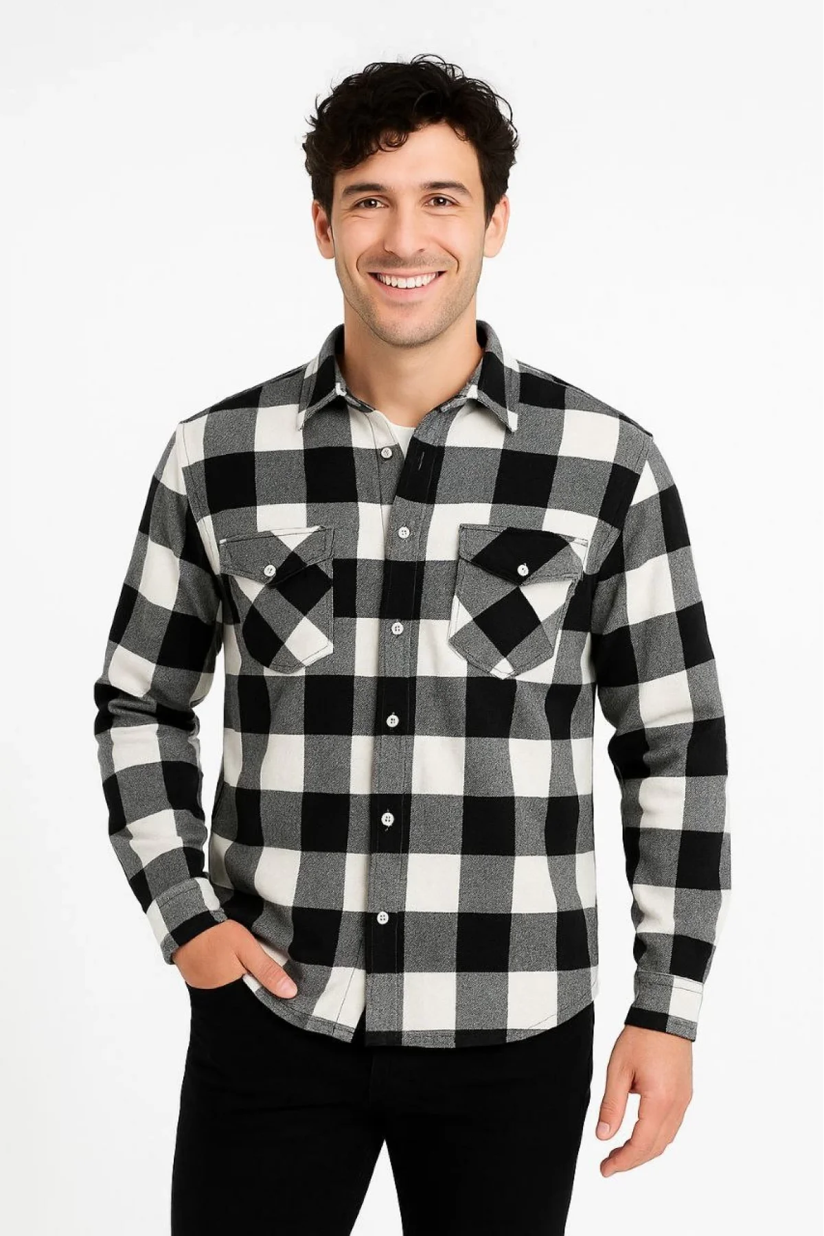 Erkek Oduncu Gömlek – Uzun Kollu, Şardonlu Kumaş, Kareli Desen, Regular Fit, Manşetli, Çift Cepli, Rahat Günlük Bahar & Kış Stil - Siyah