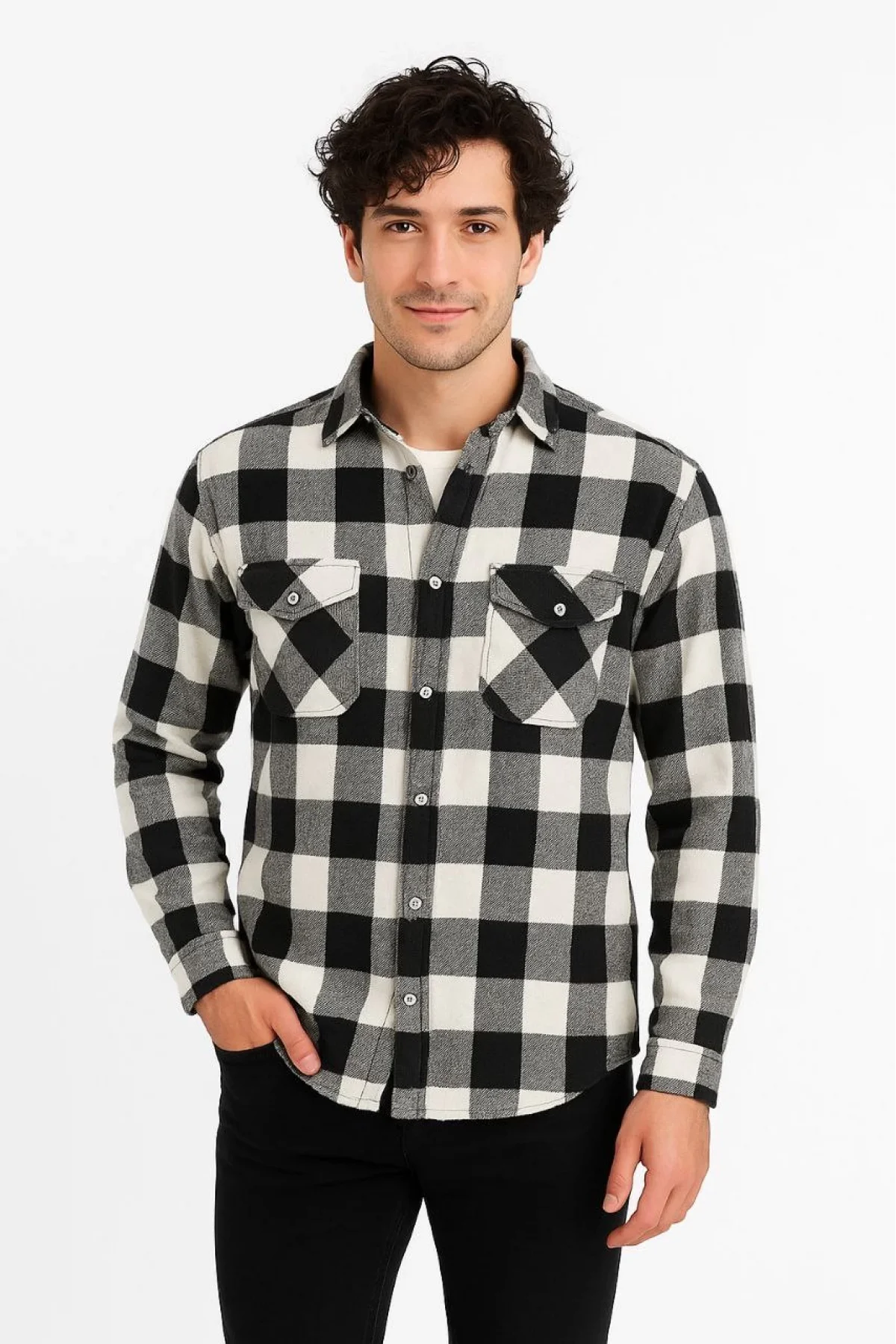 Erkek Oduncu Gömlek – Uzun Kollu, Şardonlu Kumaş, Kareli Desen, Regular Fit, Manşetli, Çift Cepli, Rahat Günlük Bahar & Kış Stil - Siyah