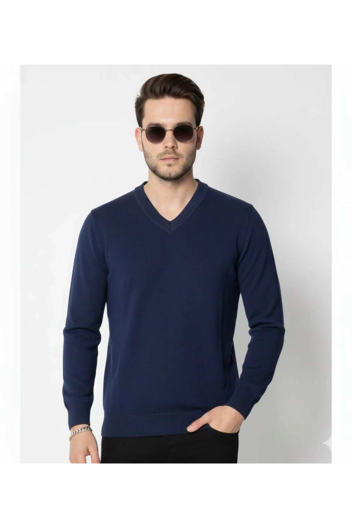 Erkek V Yaka Triko Kazak yumuşak dokulu Pamuklu ince Dokuma, uzun kollu Rahat Regular kalıp - Lacivert