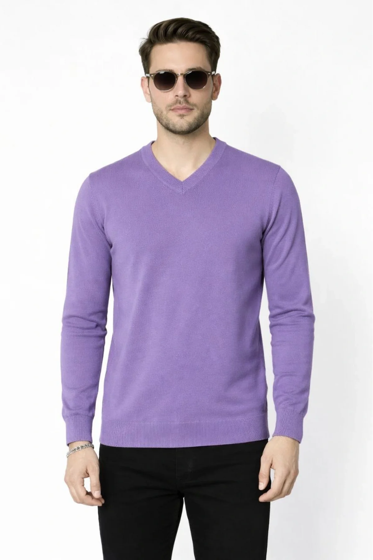 Erkek V Yaka Triko Kazak yumuşak dokulu Pamuklu ince Dokuma, uzun kollu Rahat Regular kalıp - Mor