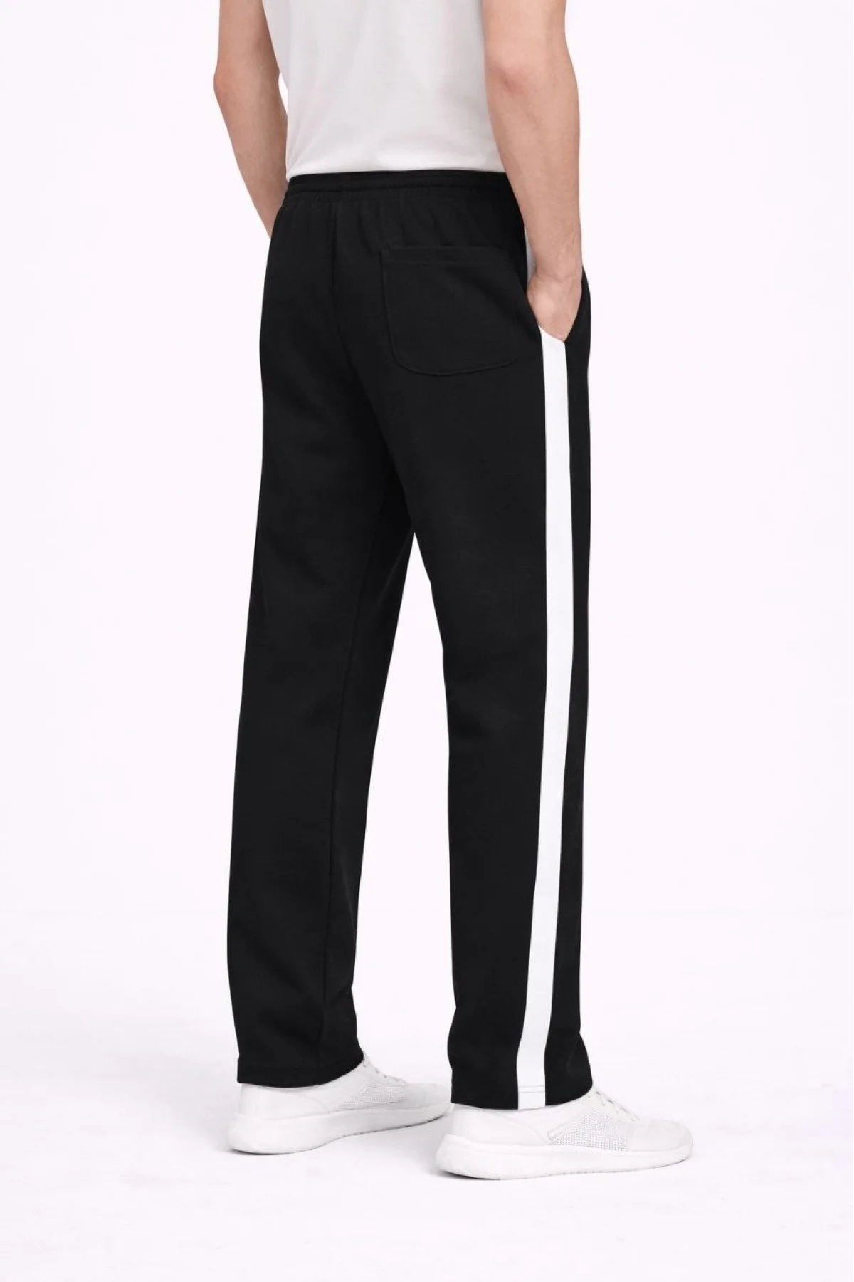 Erkek Yandan Şeritli Boru Paça Eşofman Altı 3 iplik Pamuklu Eşofman - Siyah