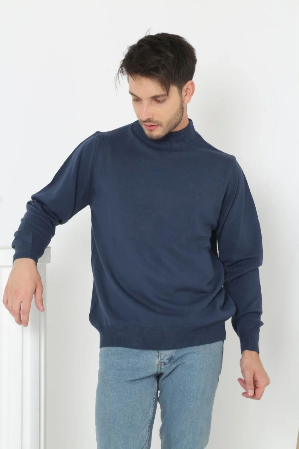 Erkek Yarım Boğaz Triko Kazak yumuşak dokulu Pamuklu ince Dokuma, uzun kollu Rahat Regular kalıp - İndigo