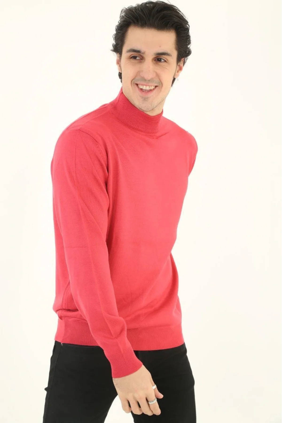 Erkek Yarım Boğaz Triko Kazak yumuşak dokulu Pamuklu ince Dokuma, uzun kollu Rahat Regular kalıp - Pembe