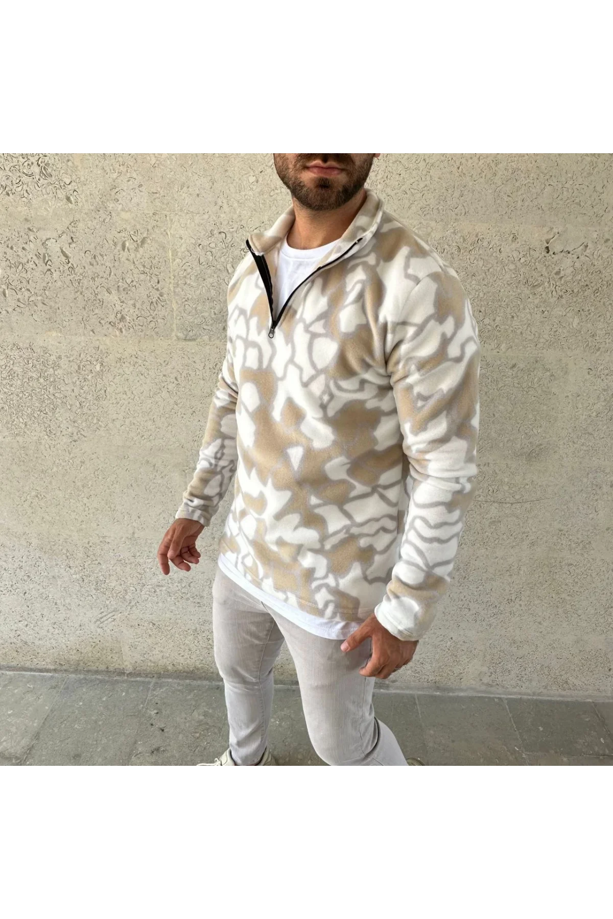 Erkek Yarım Fermuarlı Desenli Polar Sweat Yakalı, Uzun Kollu, Oversize Rahat Kalıp - Bej