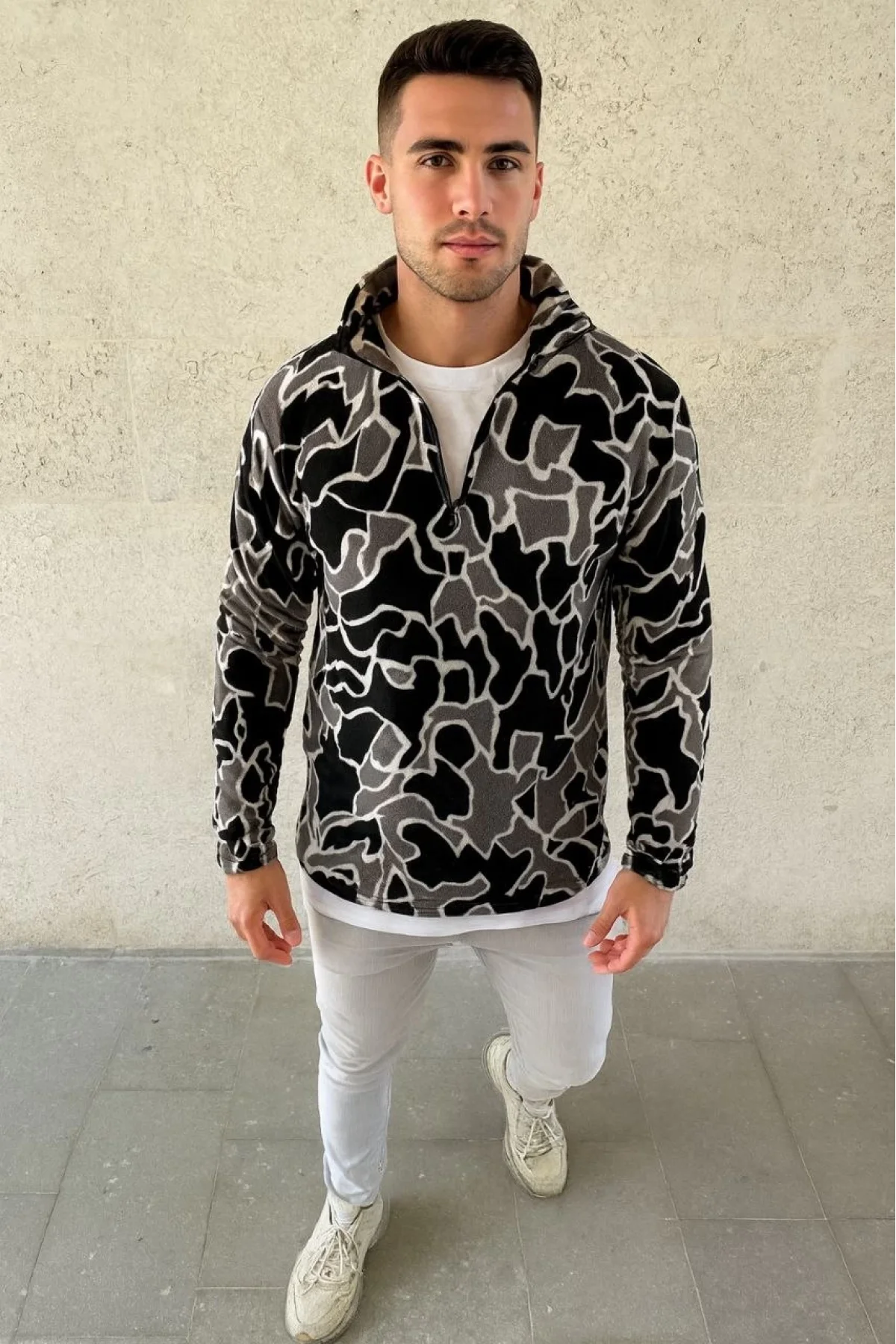 Erkek Yarım Fermuarlı Desenli Polar Sweat Yakalı, Uzun Kollu, Oversize Rahat Kalıp - Siyah