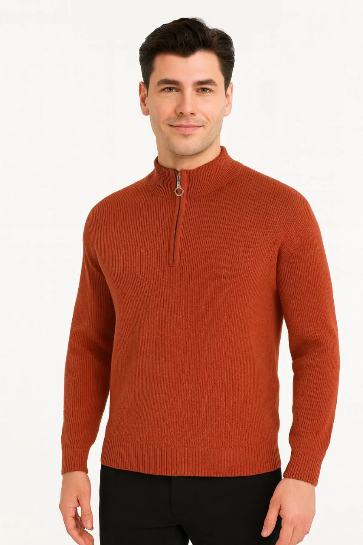Erkek Yarım Fermuarlı Triko Kazak – Selanik Örgü, Dik Yaka, Pamuklu Dokuma, Regular Fit Uzun Kollu Kışlık Model - Kiremit