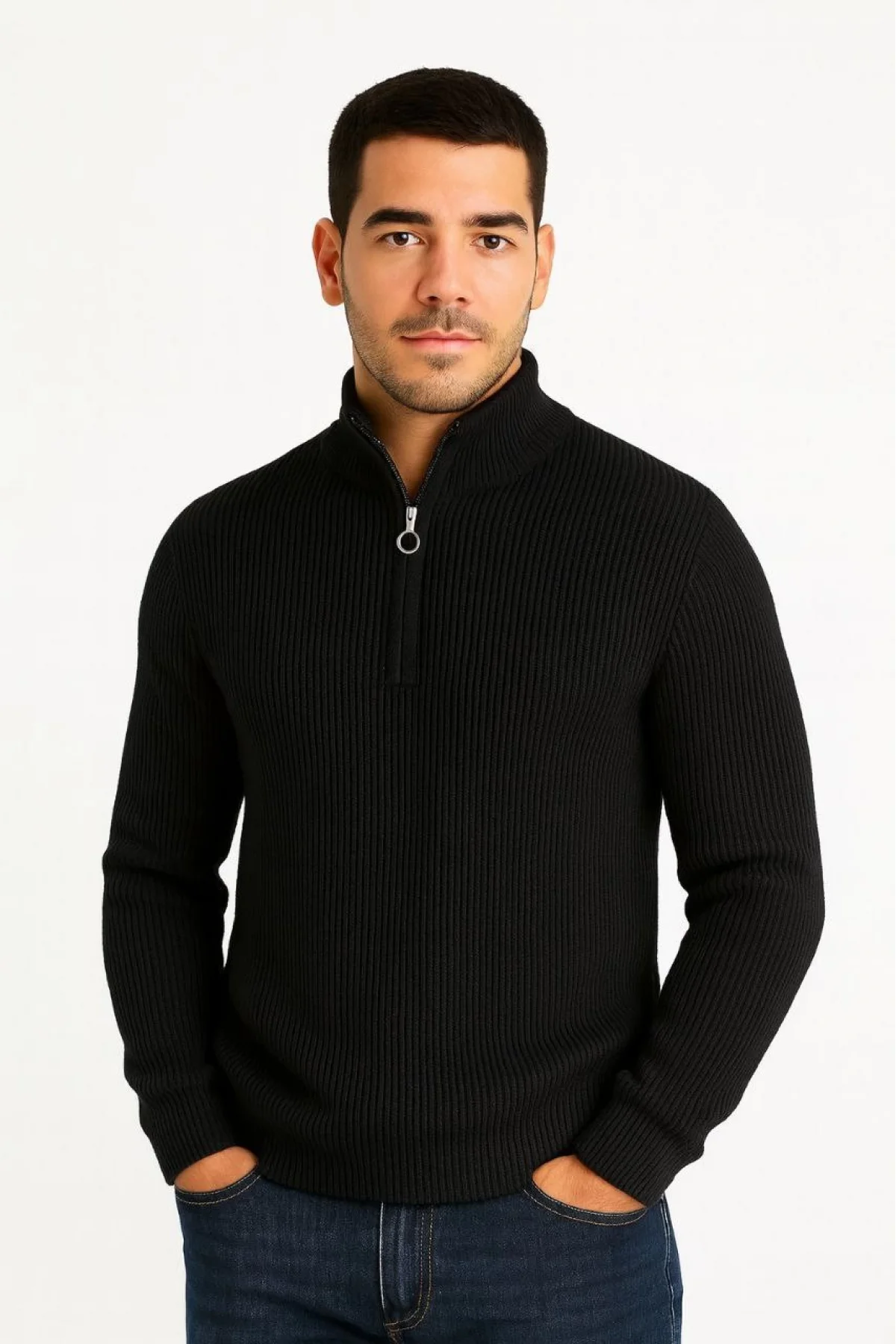 Erkek Yarım Fermuarlı Triko Kazak – Selanik Örgü, Dik Yaka, Pamuklu Dokuma, Regular Fit Uzun Kollu Kışlık Model - Siyah