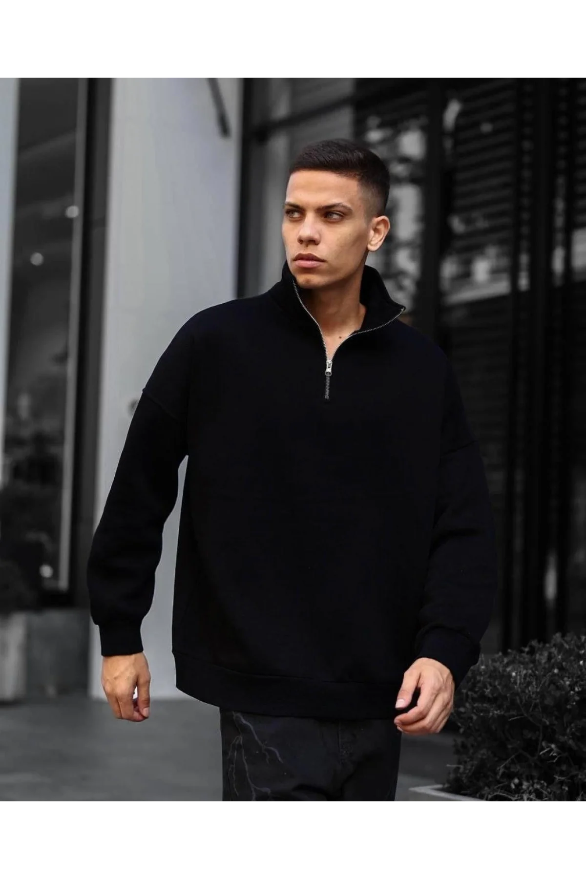 Erkek Yarım Fermuarlı Üç İplik Sweatshirt - Siyah