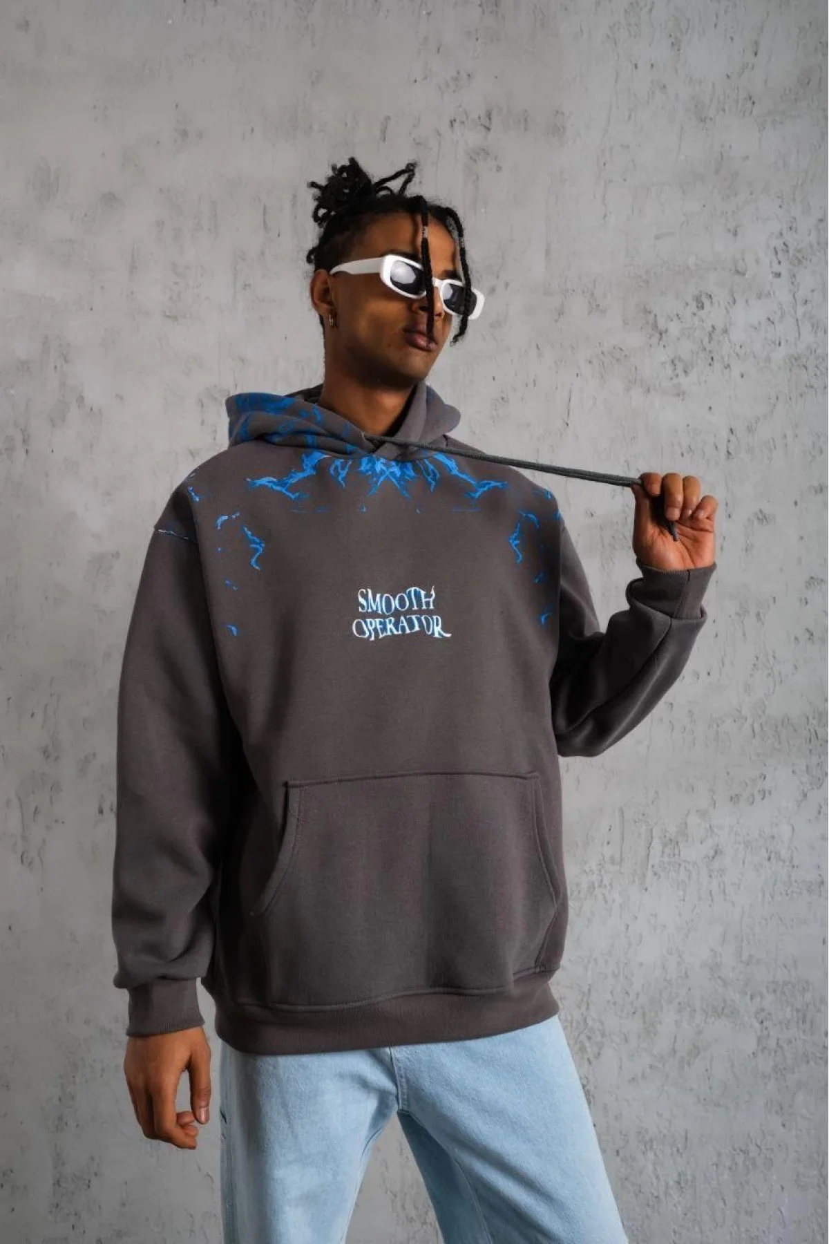 Erkek Yıldırım Baskılı Kapşonlu Sweatshirt - Gri