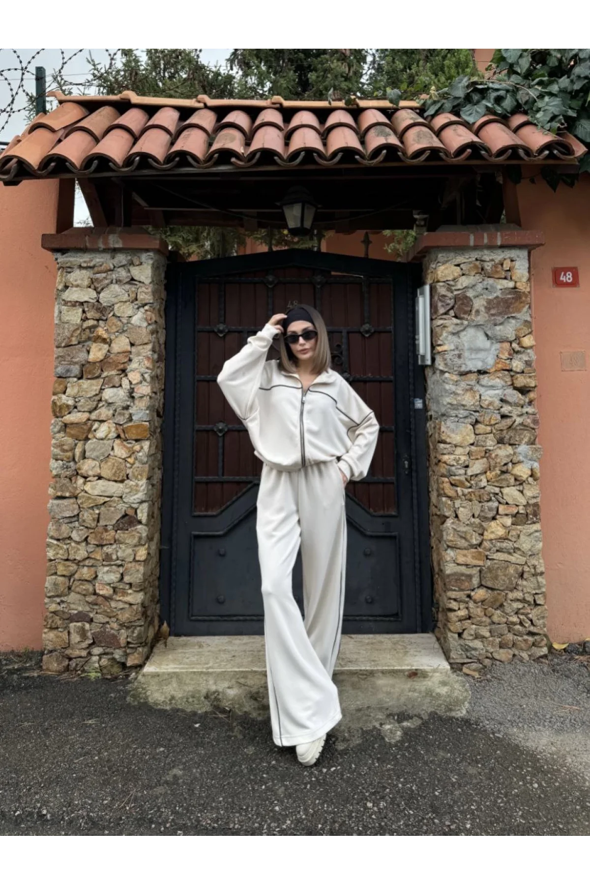 Fermuarlı Eşofman Pantolon İkili Takım - Beyaz