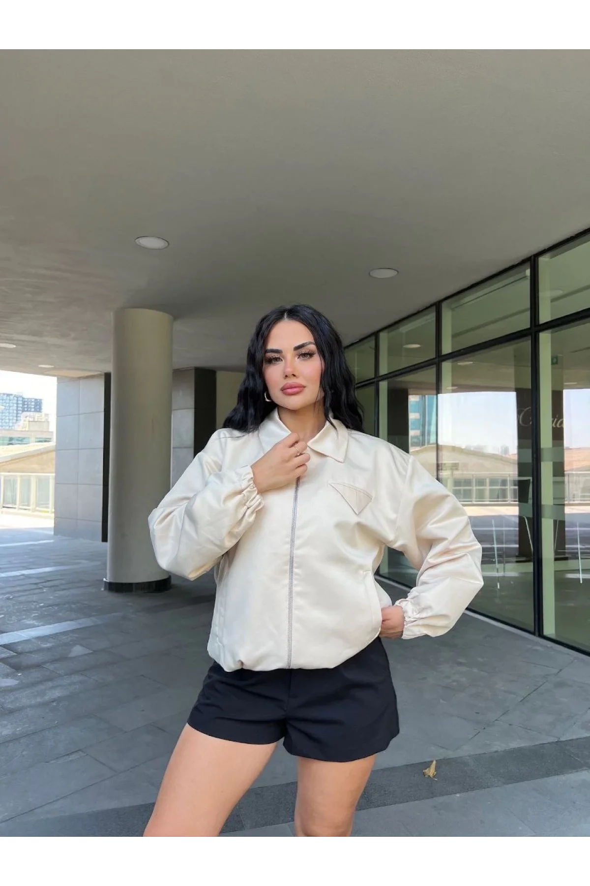 Fermuarlı Gömlek Yaka Bomber Ceket - Beyaz